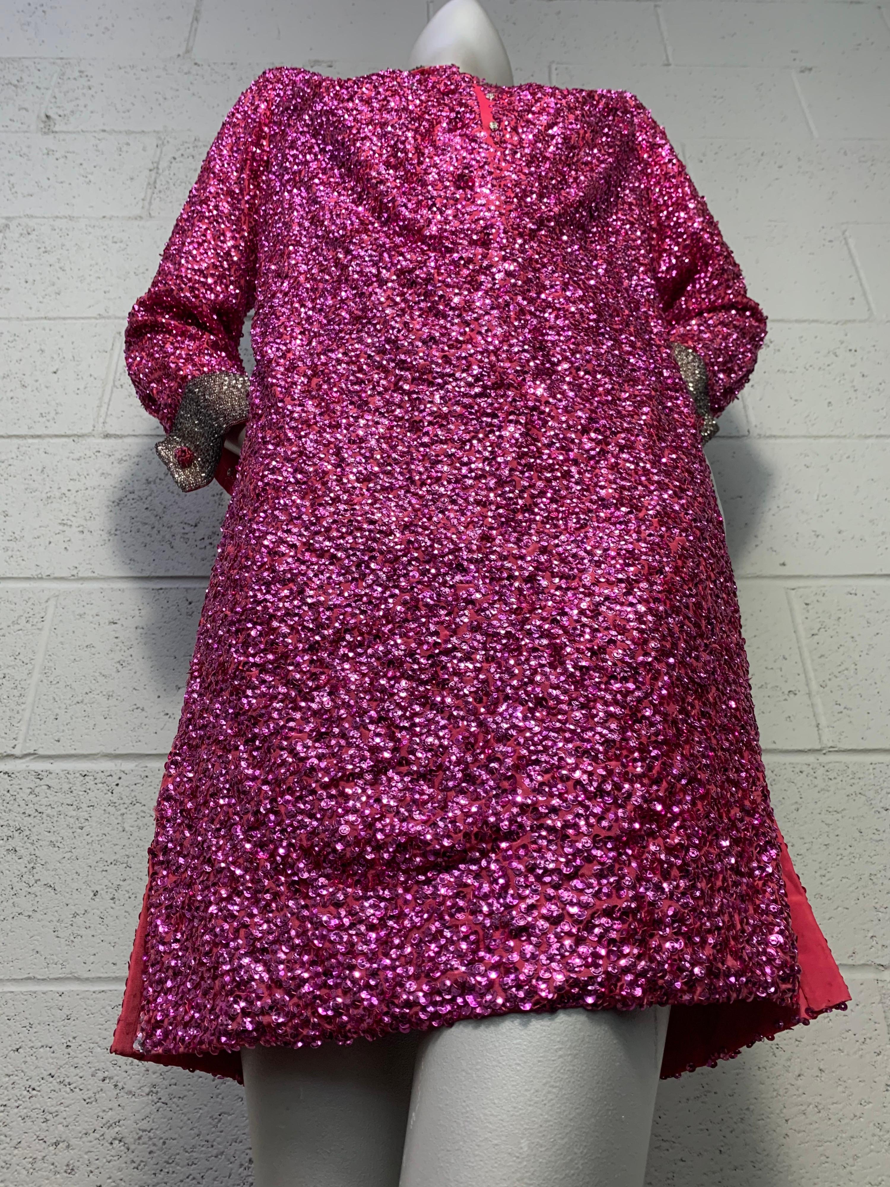 1960s Vivid Fuchsia Sequined Mod Mini Dress w/ Silver Beaded Collar and Cuffs For Sale 12