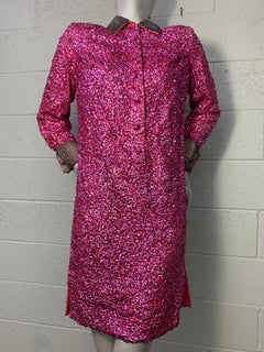 1960s Vivid Fuchsia Sequined Mod Mini Dress w/ Silver Beaded Collar and Cuffs