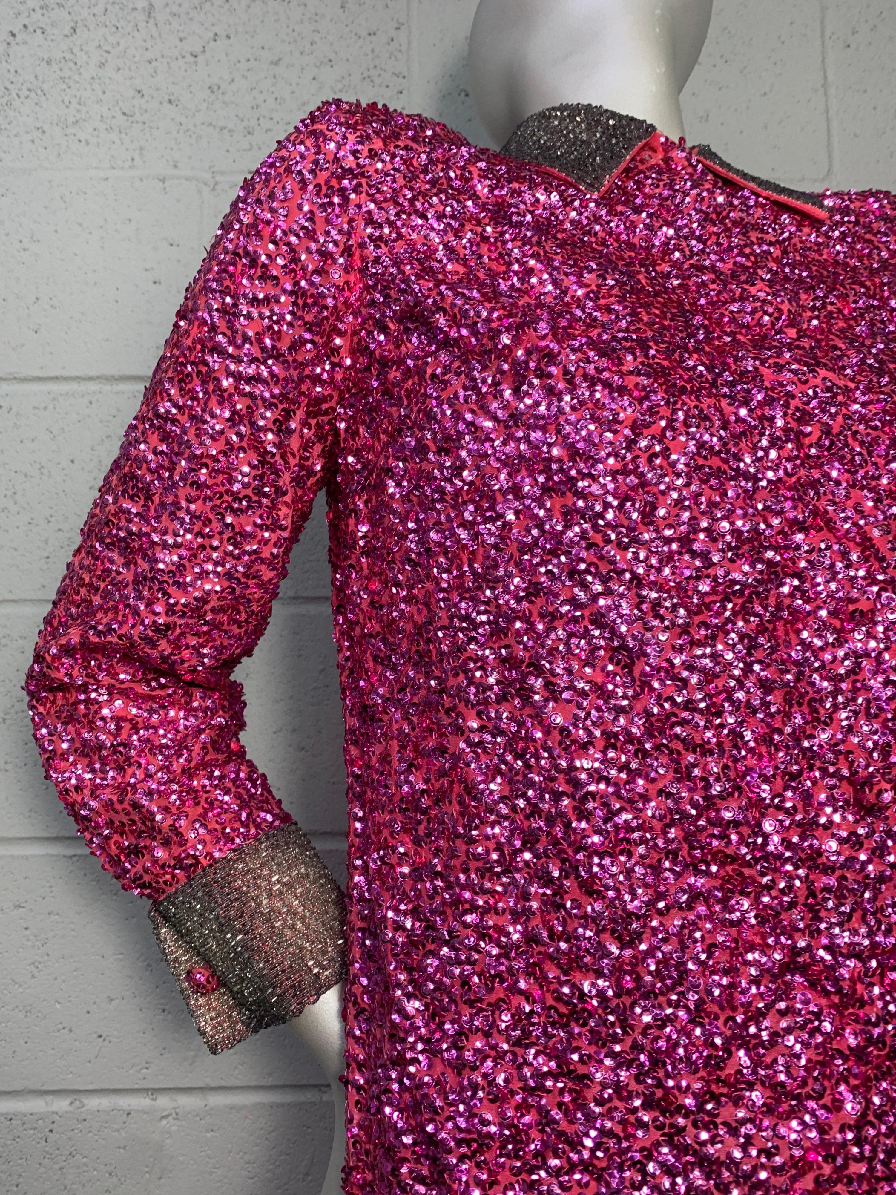 1960s Vivid Fuchsia Sequined Mod Mini Dress w/ Silver Beaded Collar and Cuffs In Excellent Condition For Sale In Gresham, OR
