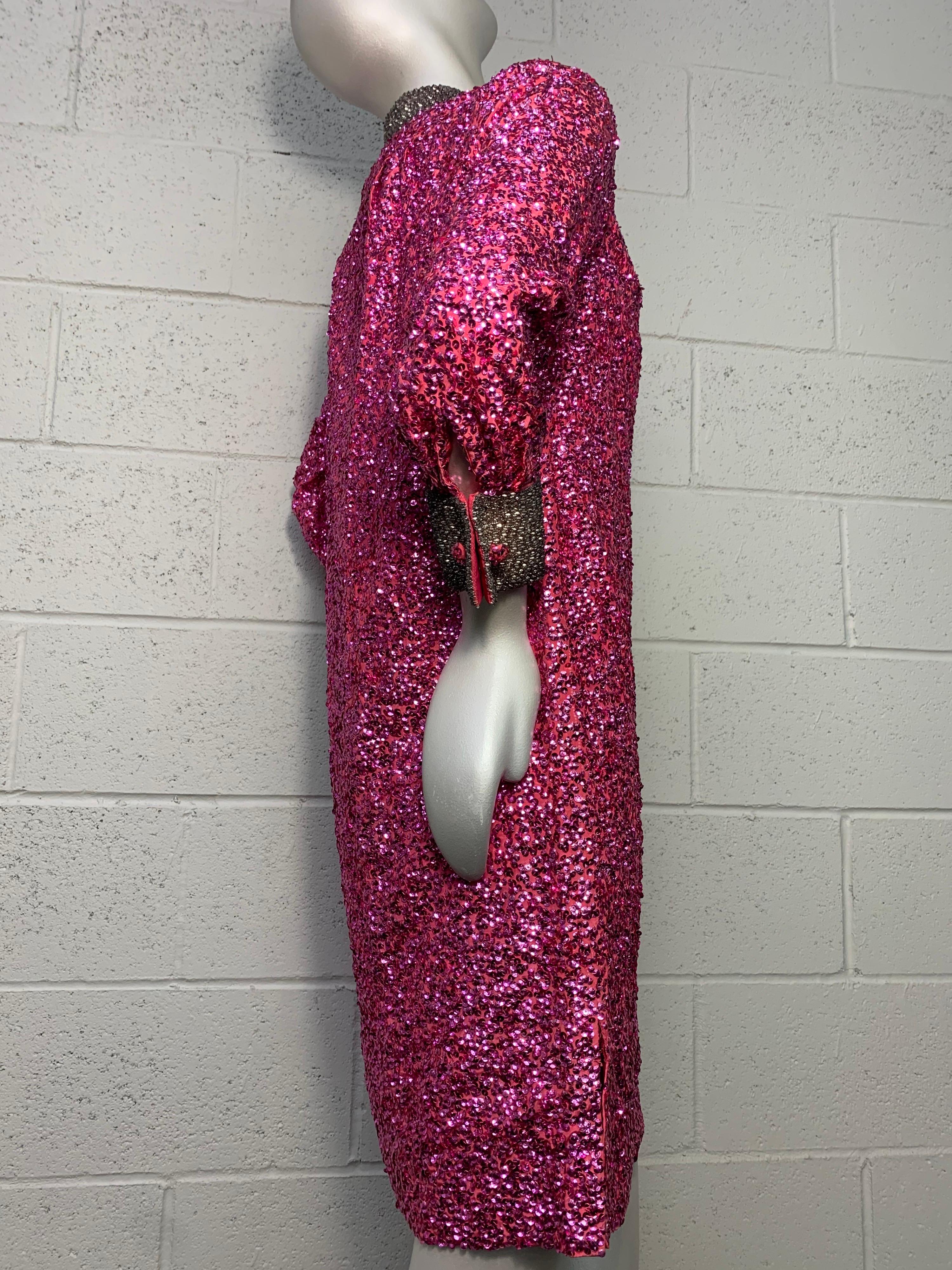 1960s Vivid Fuchsia Sequined Mod Mini Dress w/ Silver Beaded Collar and Cuffs For Sale 2