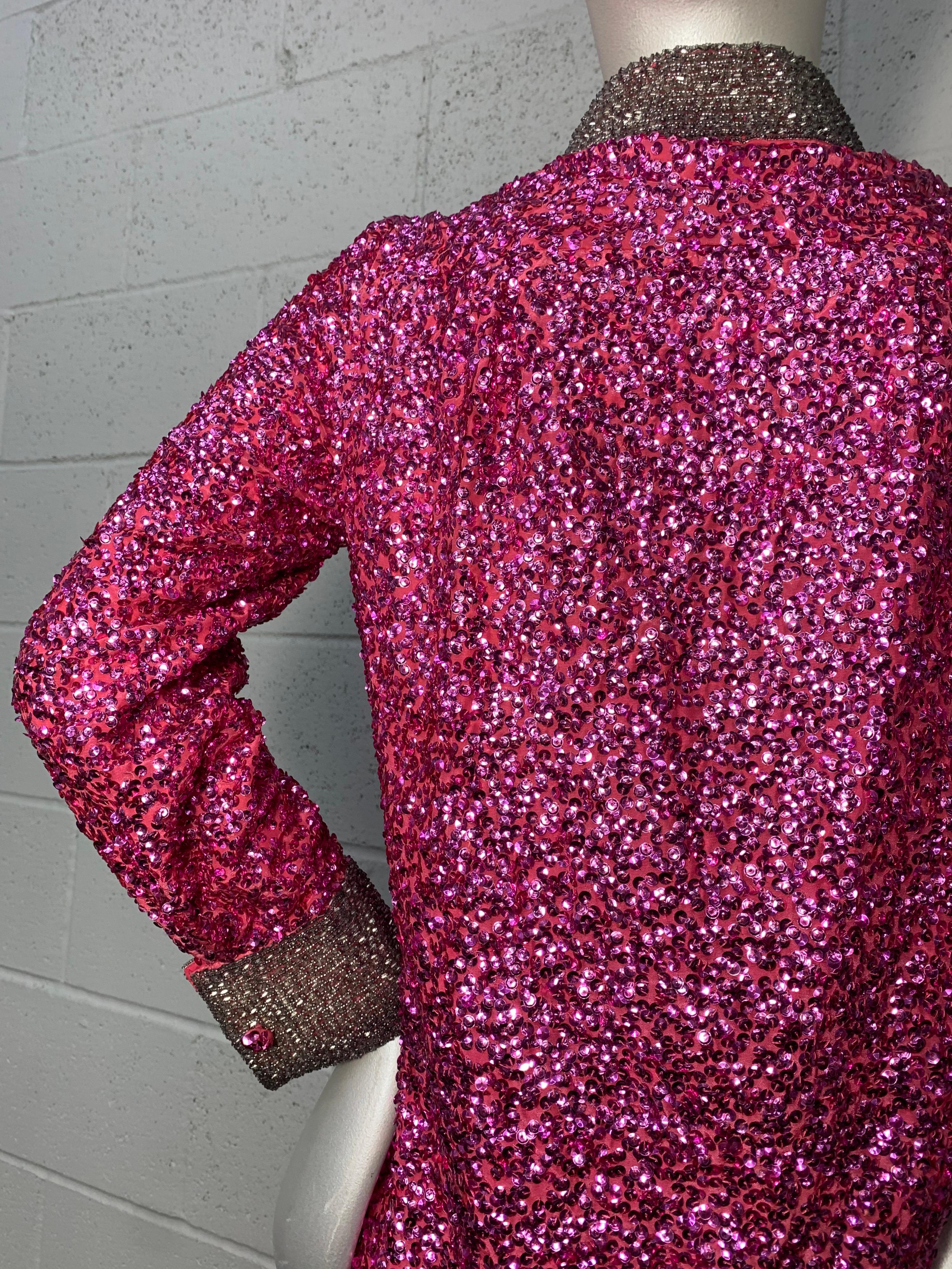 1960s Vivid Fuchsia Sequined Mod Mini Dress w/ Silver Beaded Collar and Cuffs For Sale 4