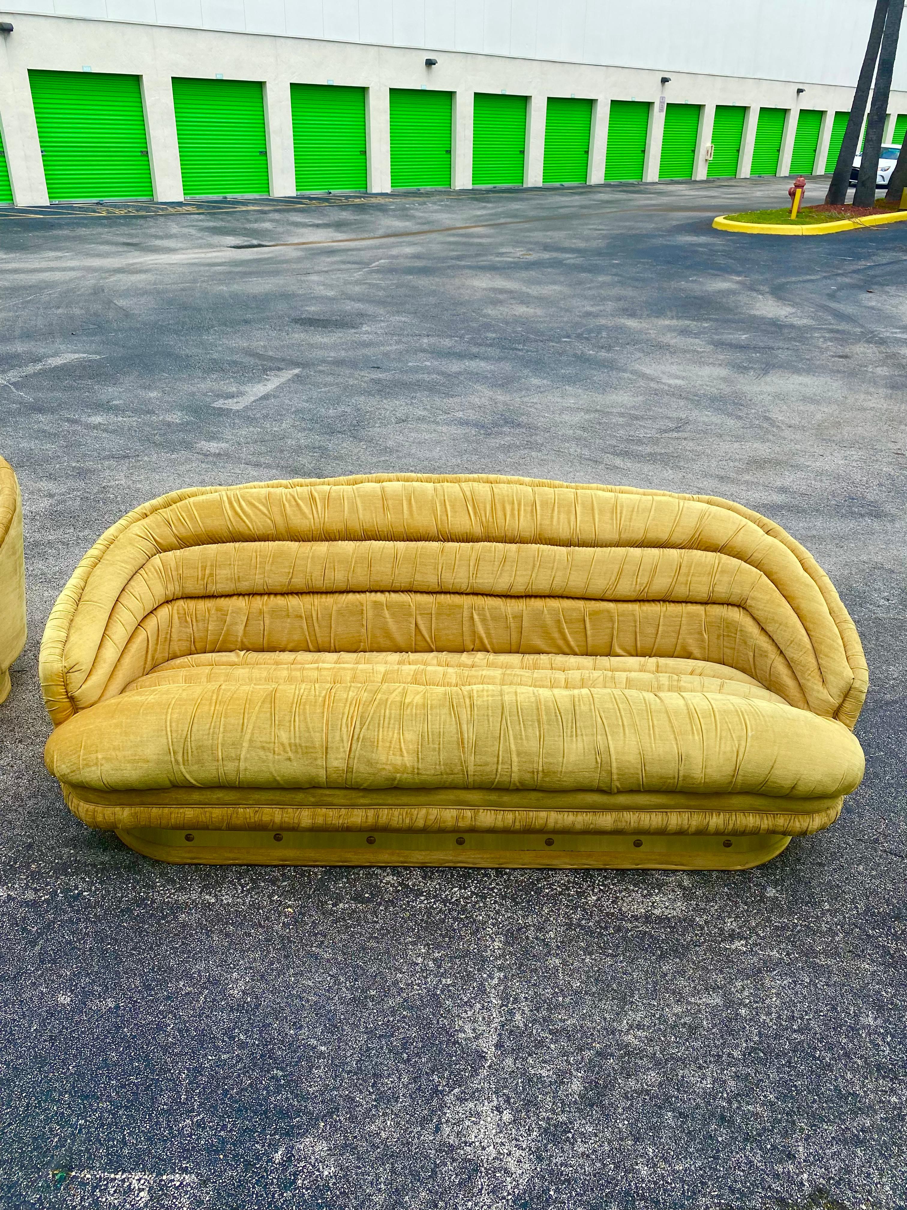 American 1960s Sculptural Curved Velvet Crescent Tufted Sofa Set, 3 Pieces For Sale