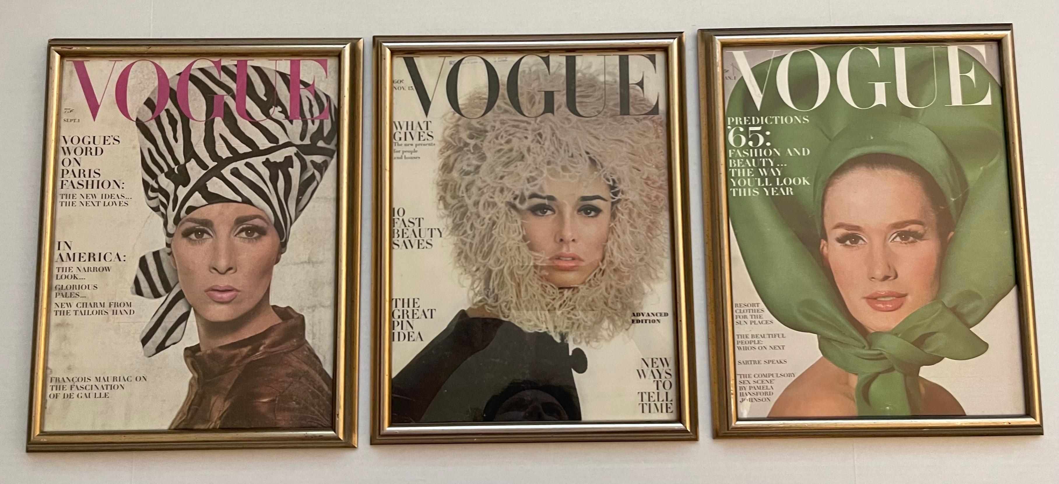 Set of three framed 1960s Vogue Magazine covers. Left to right: 
September 1964 cover features model Wilhelmina photographed by David Bailey.
November 15, 1962 cover features model Sondra Peterson photographed by Irving Penn. 
January 1965 cover