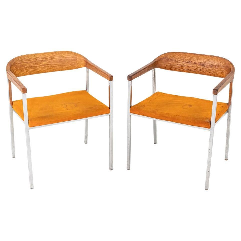 1960s Voitto Haapalainen Asko / Stendig Dining Arm Chairs, Bent Oak & Chrome For Sale