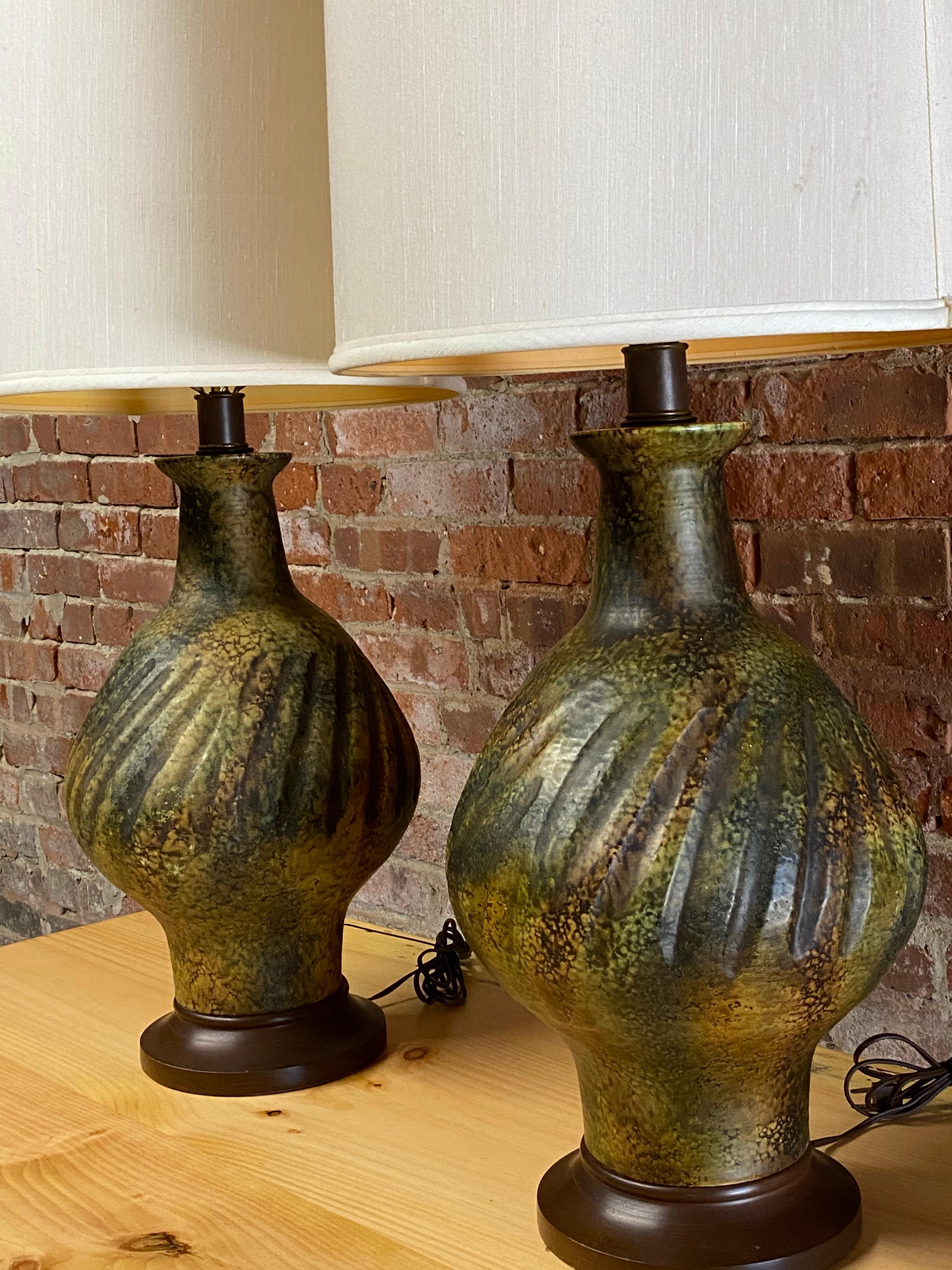 American 1960s Volcanic Glaze Ceramic Table Lamps, Pair