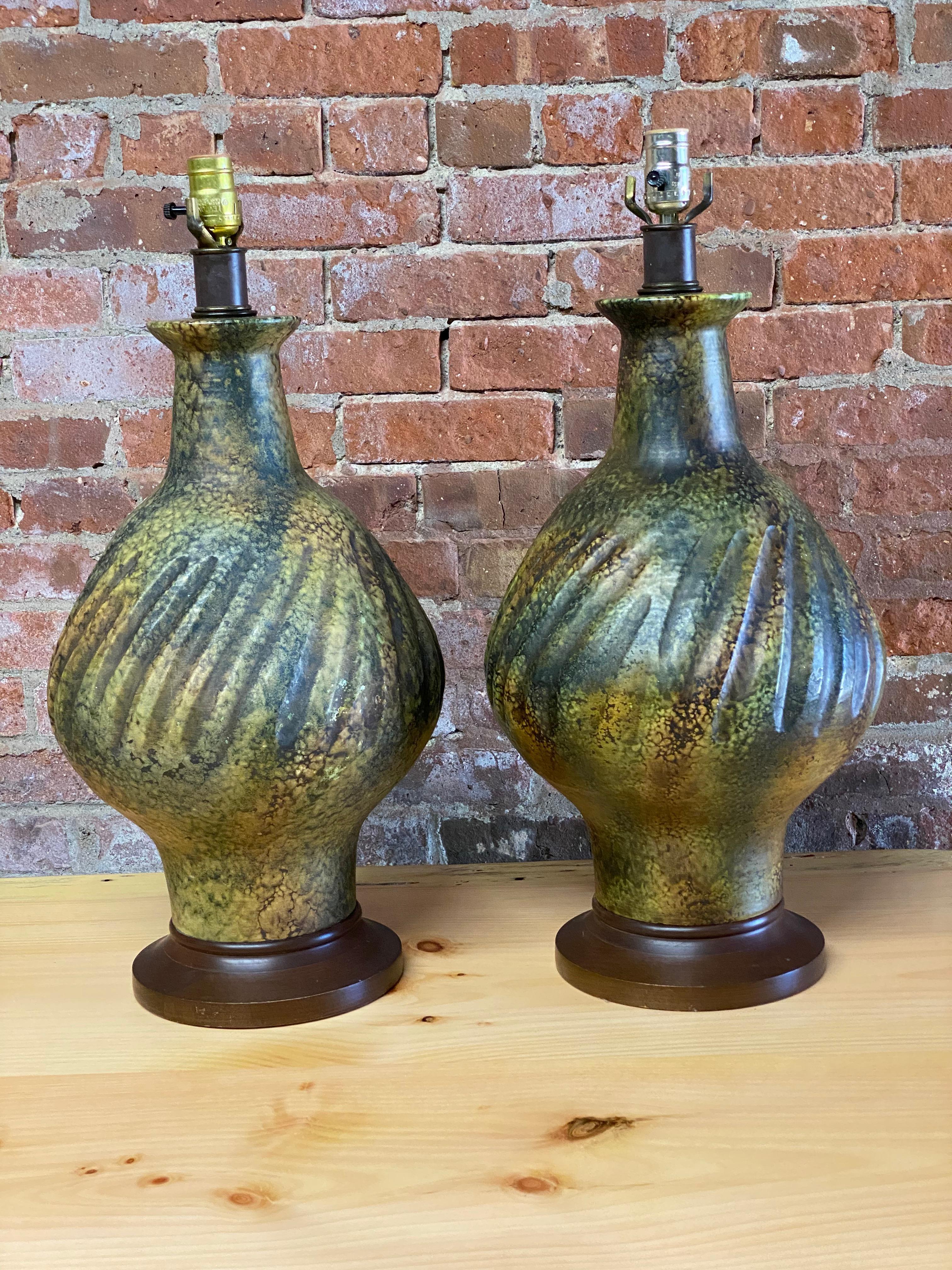 Glazed 1960s Volcanic Glaze Ceramic Table Lamps, Pair