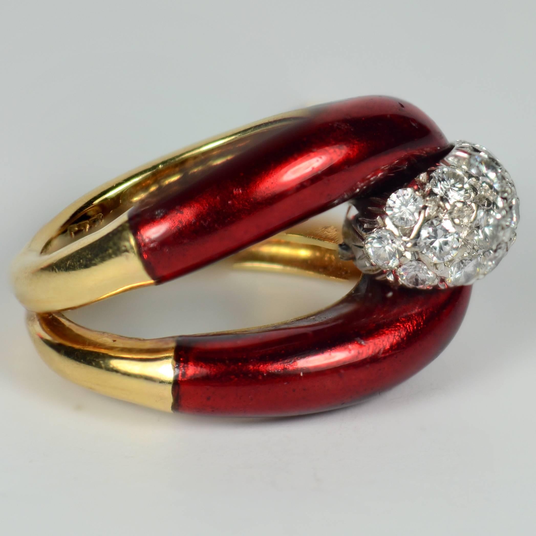 Round Cut 1960s Vourakis Red Enamel Pave Diamond Gold Buckle Ring For Sale