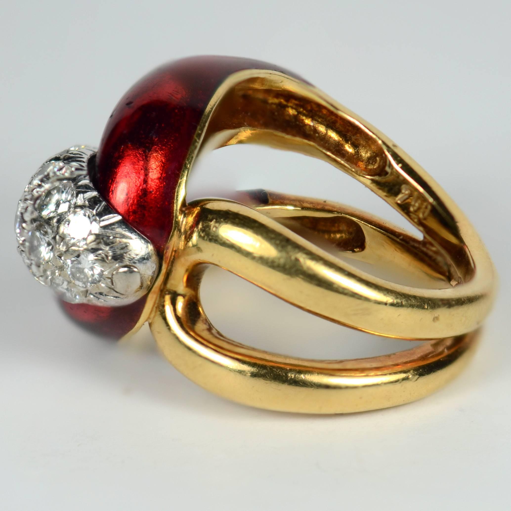 1960s Vourakis Red Enamel Pave Diamond Gold Buckle Ring In Good Condition For Sale In London, GB