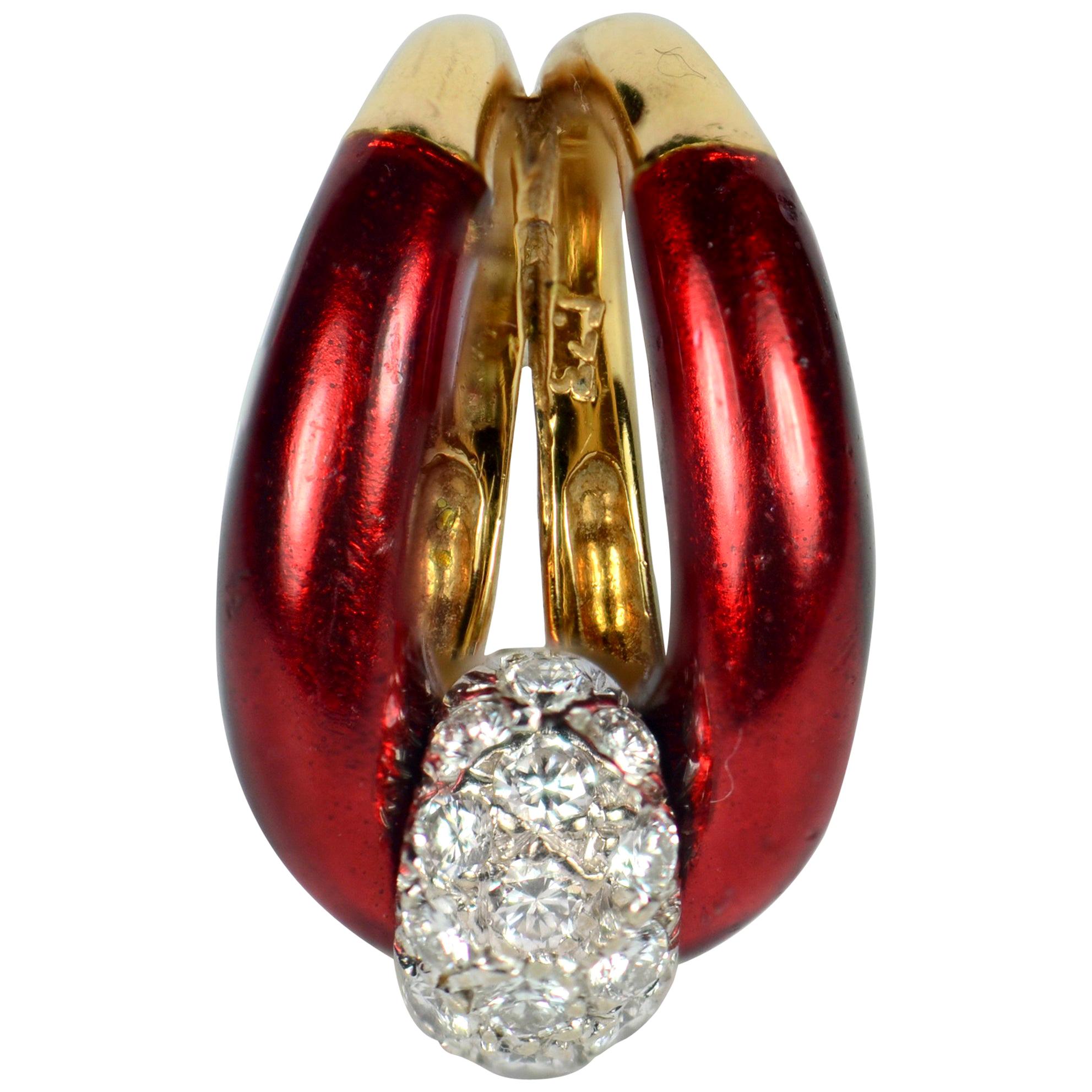 1960s Vourakis Red Enamel Pave Diamond Gold Buckle Ring For Sale