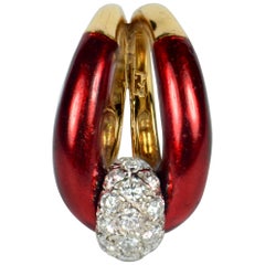 Vintage 1960s Vourakis Red Enamel Pave Diamond Gold Buckle Ring