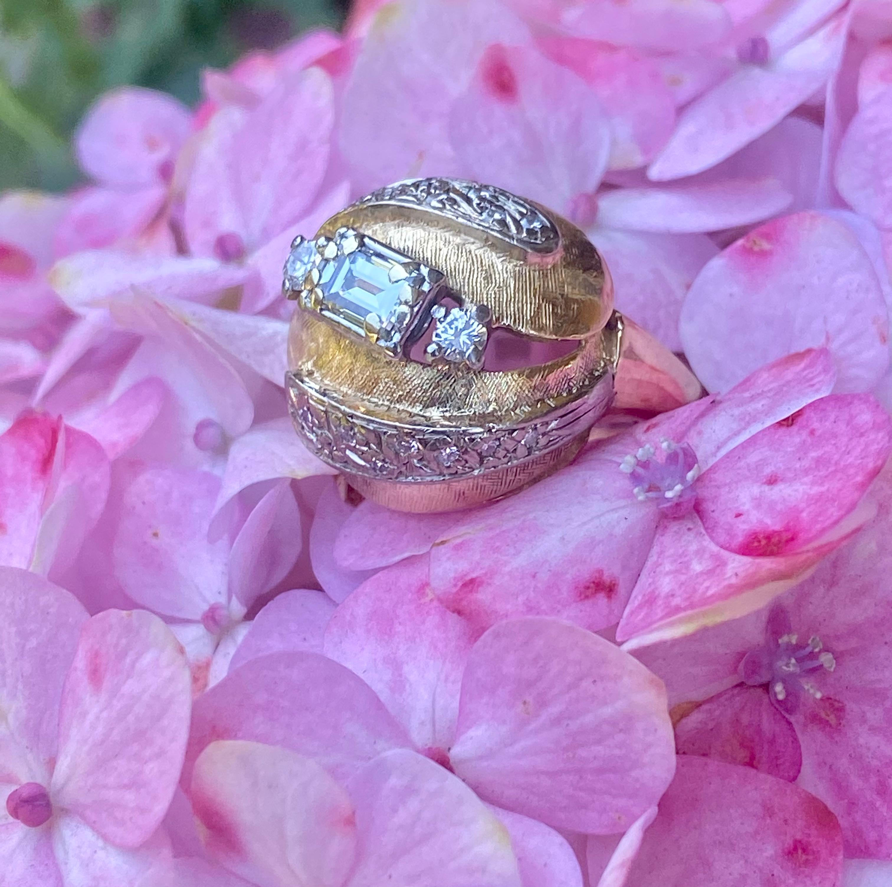 1960s VVS 1.07 Carat Emerald Cut Diamond Gold Florentine Brutalist Dome Ring For Sale 3