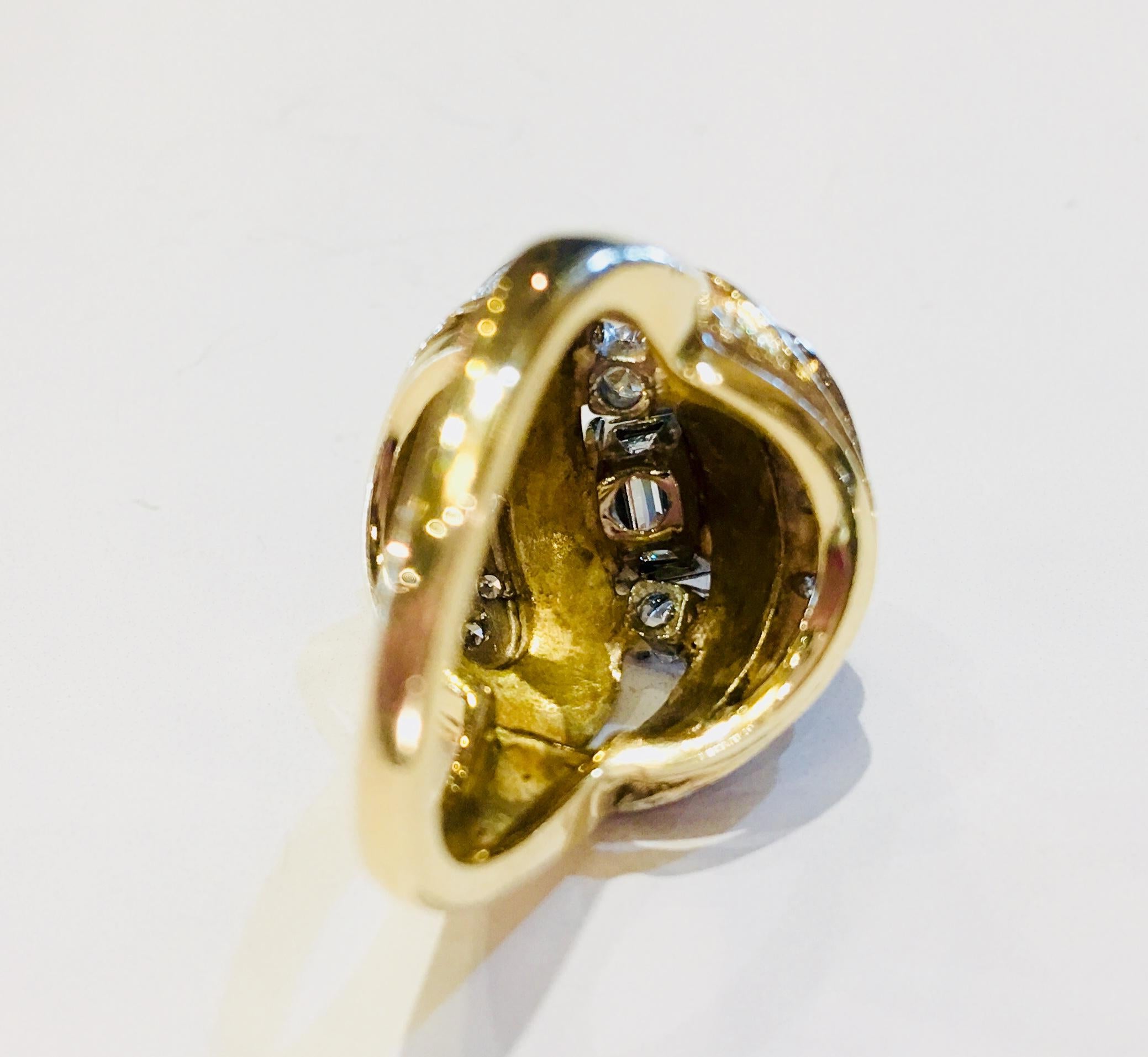 1960s VVS 1.07 Carat Emerald Cut Diamond Gold Florentine Brutalist Dome Ring For Sale 1