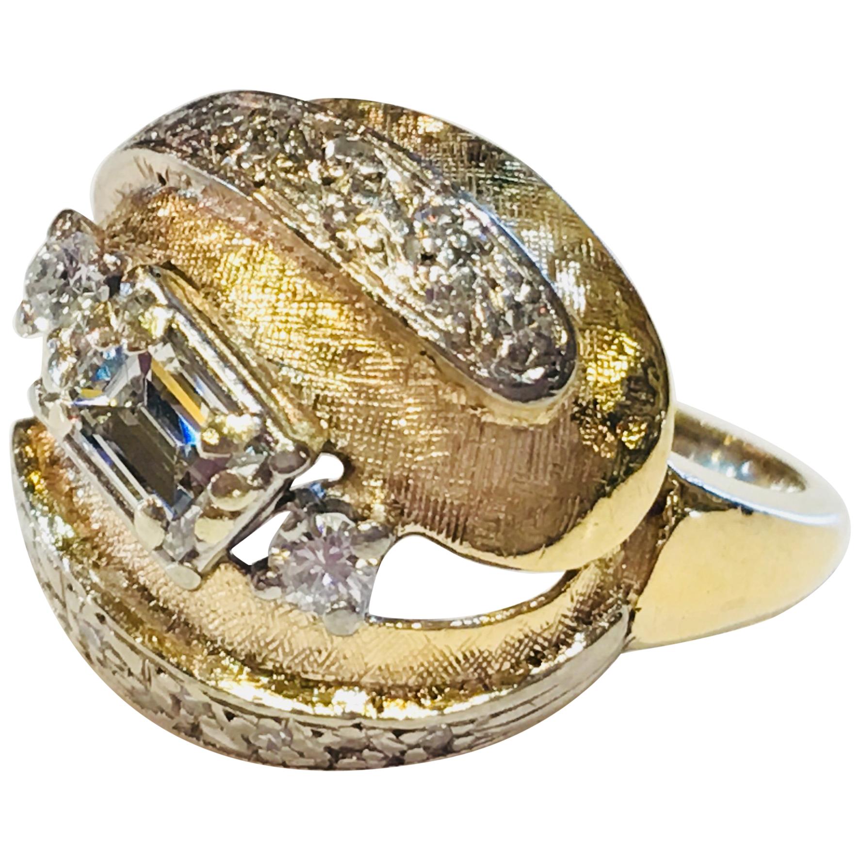 1960s VVS 1.07 Carat Emerald Cut Diamond Gold Florentine Brutalist Dome Ring For Sale