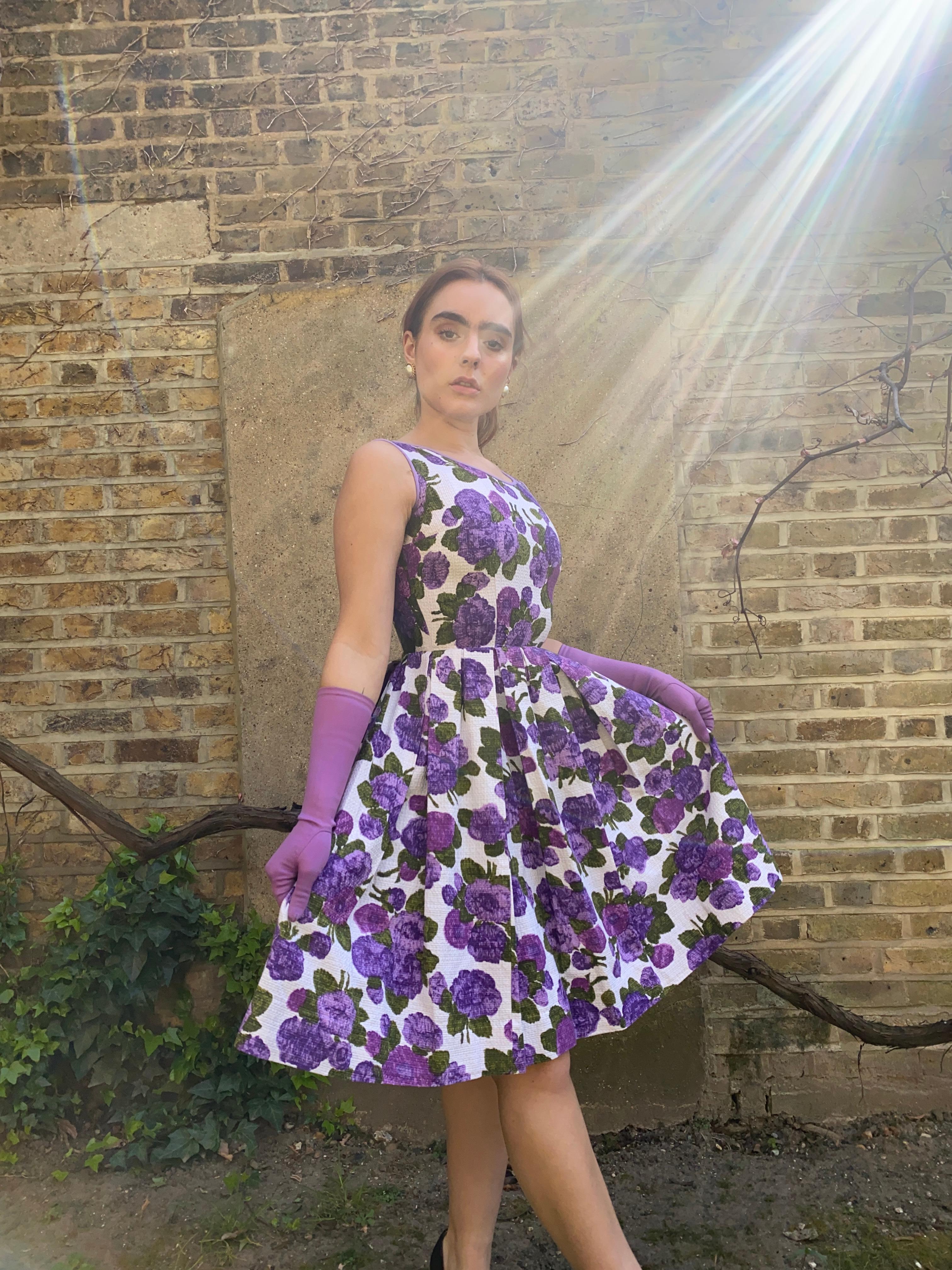 1960s Waffle Cotton Purple Floral Print Dress For Sale 5
