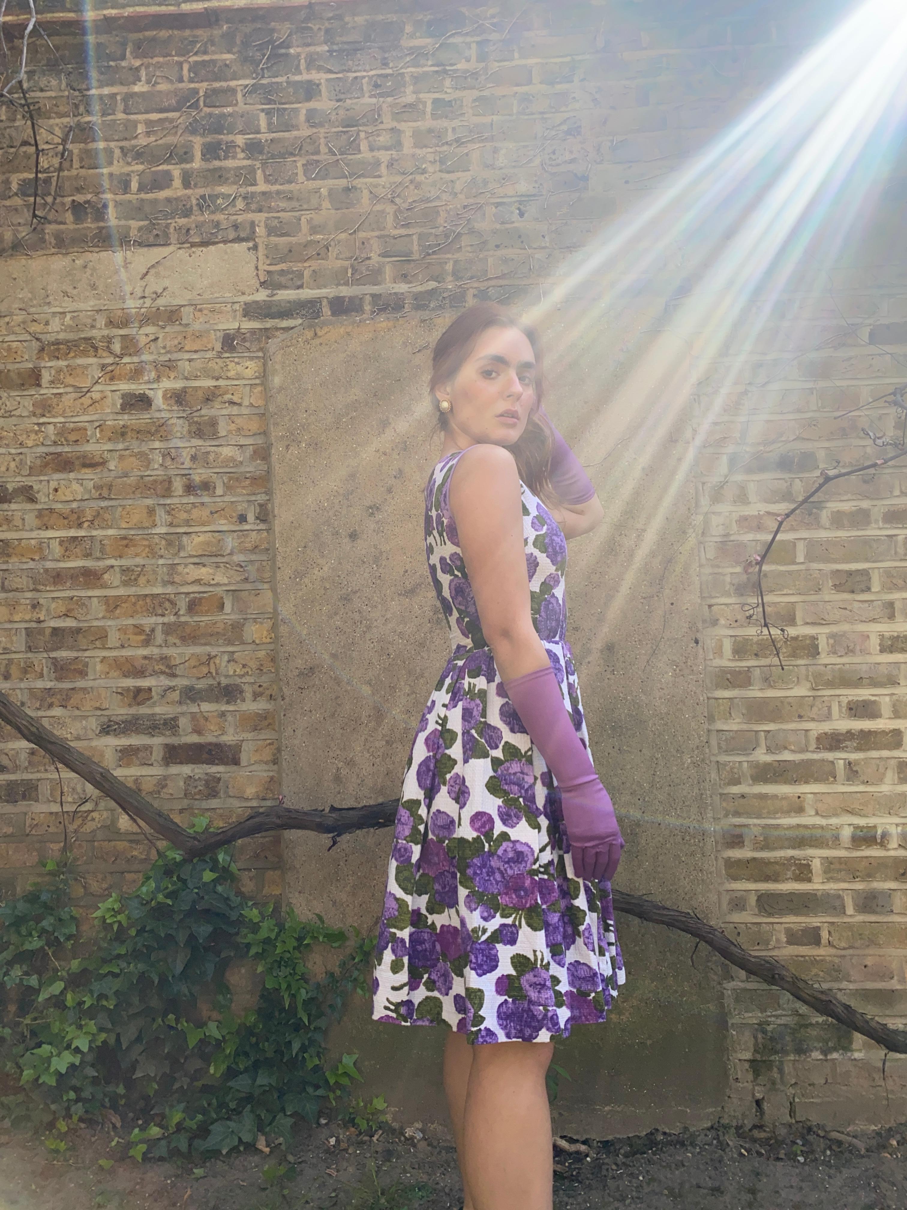 1960s Waffle Cotton Purple Floral Print Dress For Sale 6