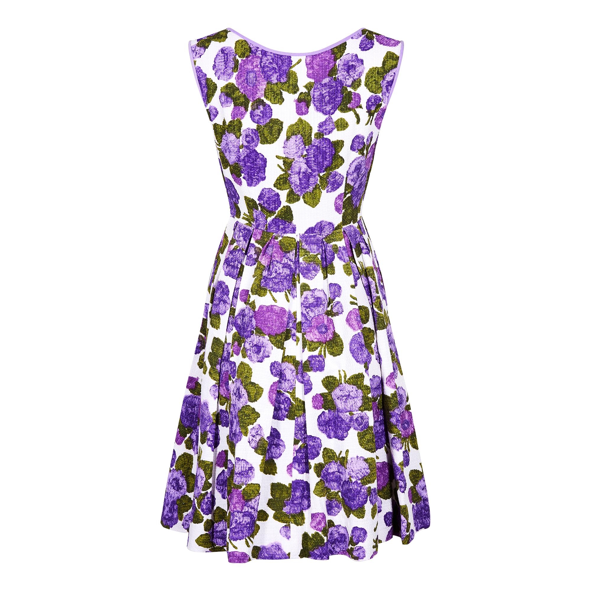 Gray 1960s Waffle Cotton Purple Floral Print Dress For Sale