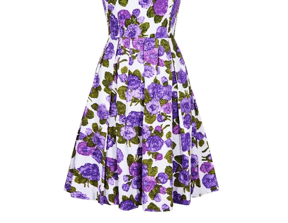 1960s Waffle Cotton Purple Floral Print Dress For Sale 1
