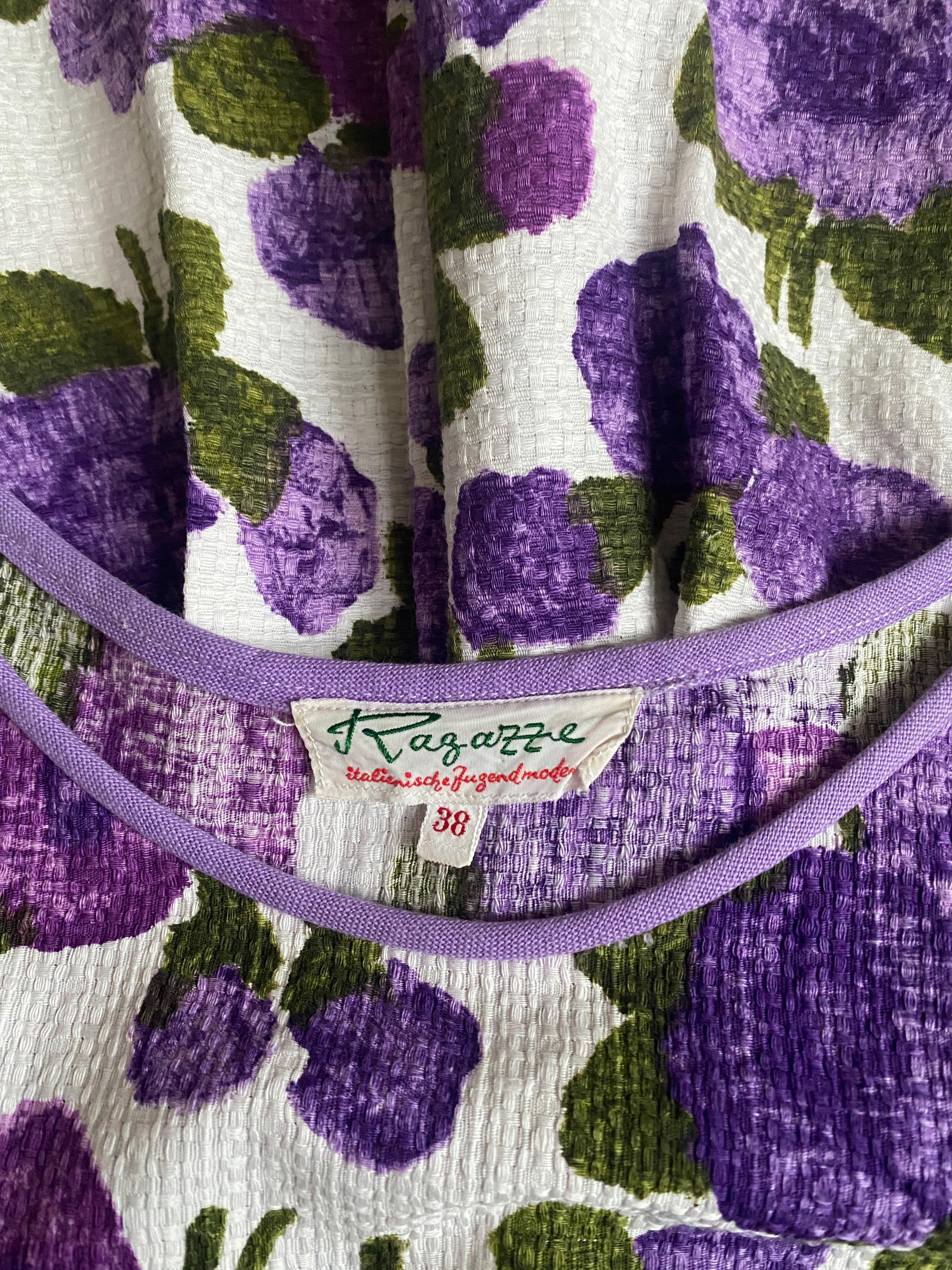 1960s Waffle Cotton Purple Floral Print Dress For Sale 2