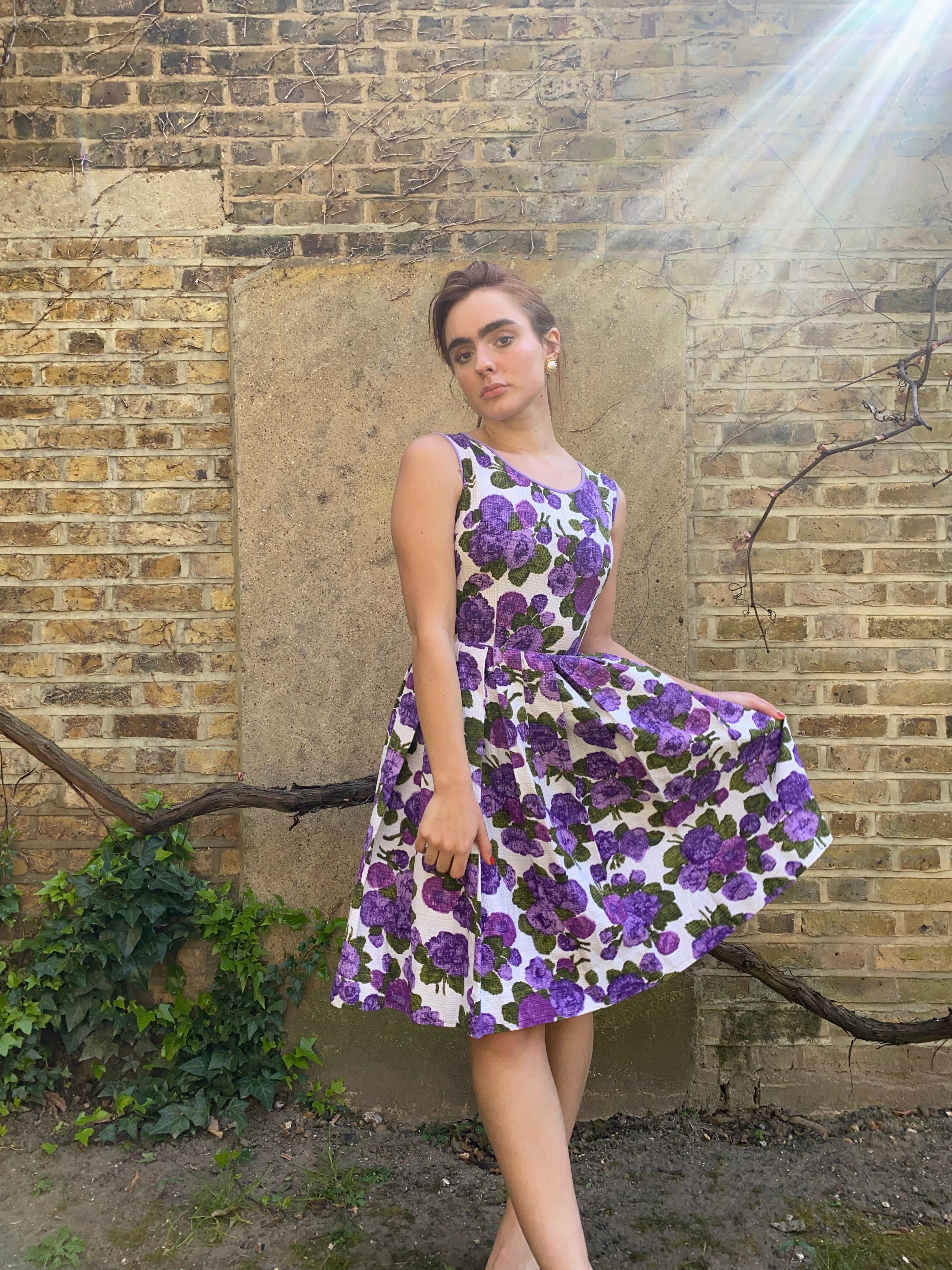 1960s Waffle Cotton Purple Floral Print Dress For Sale 2