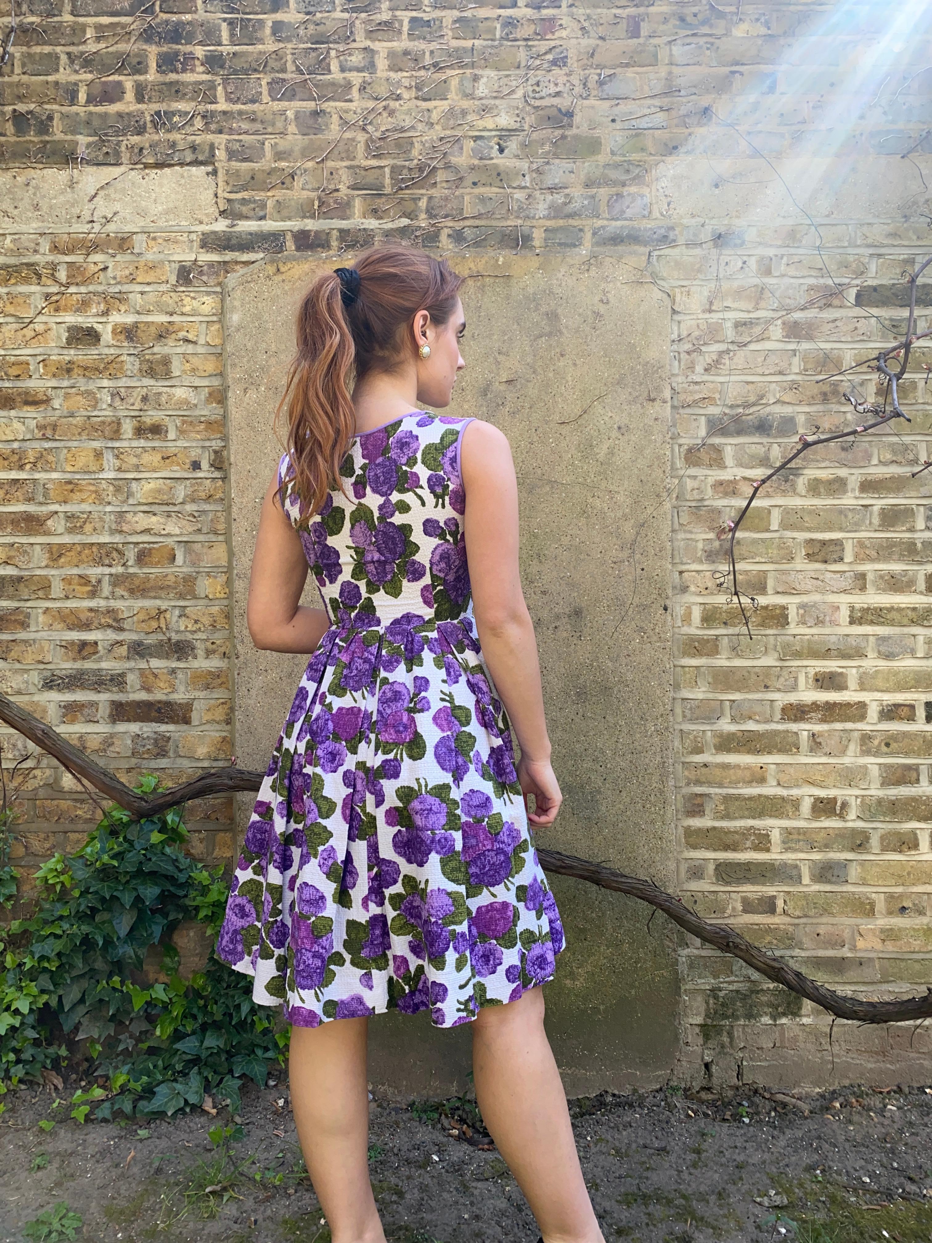 1960s Waffle Cotton Purple Floral Print Dress For Sale 3