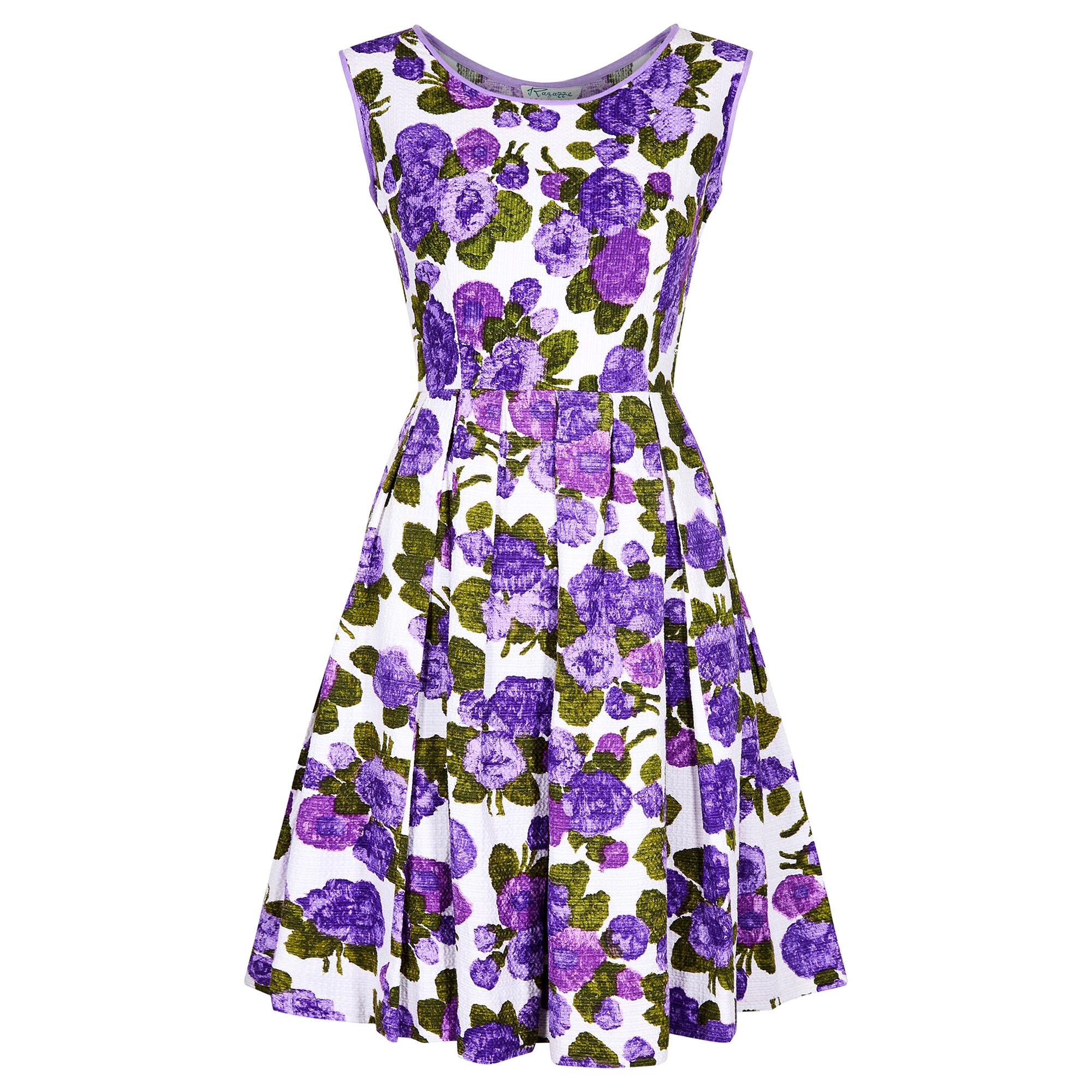 1960s Waffle Cotton Purple Floral Print Dress For Sale