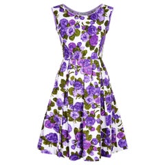 Retro 1960s Waffle Cotton Purple Floral Print Dress