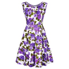 1960s Waffle Cotton Purple Floral Print Dress