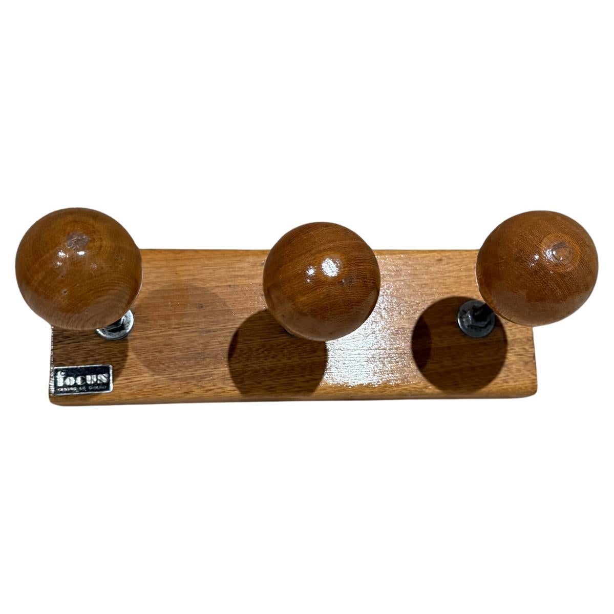 1960s Wall Coat Rack Maple Wood and Iron