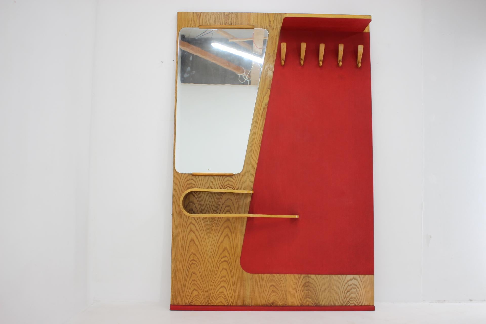 Mid-Century Modern 1960s Wall Coat Rack with Mirror and Shelves, Czechoslovakia For Sale