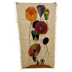 1960s Wall Tapestry Art Modern Graphic Child & Kite Style of Evelyn Ackerman