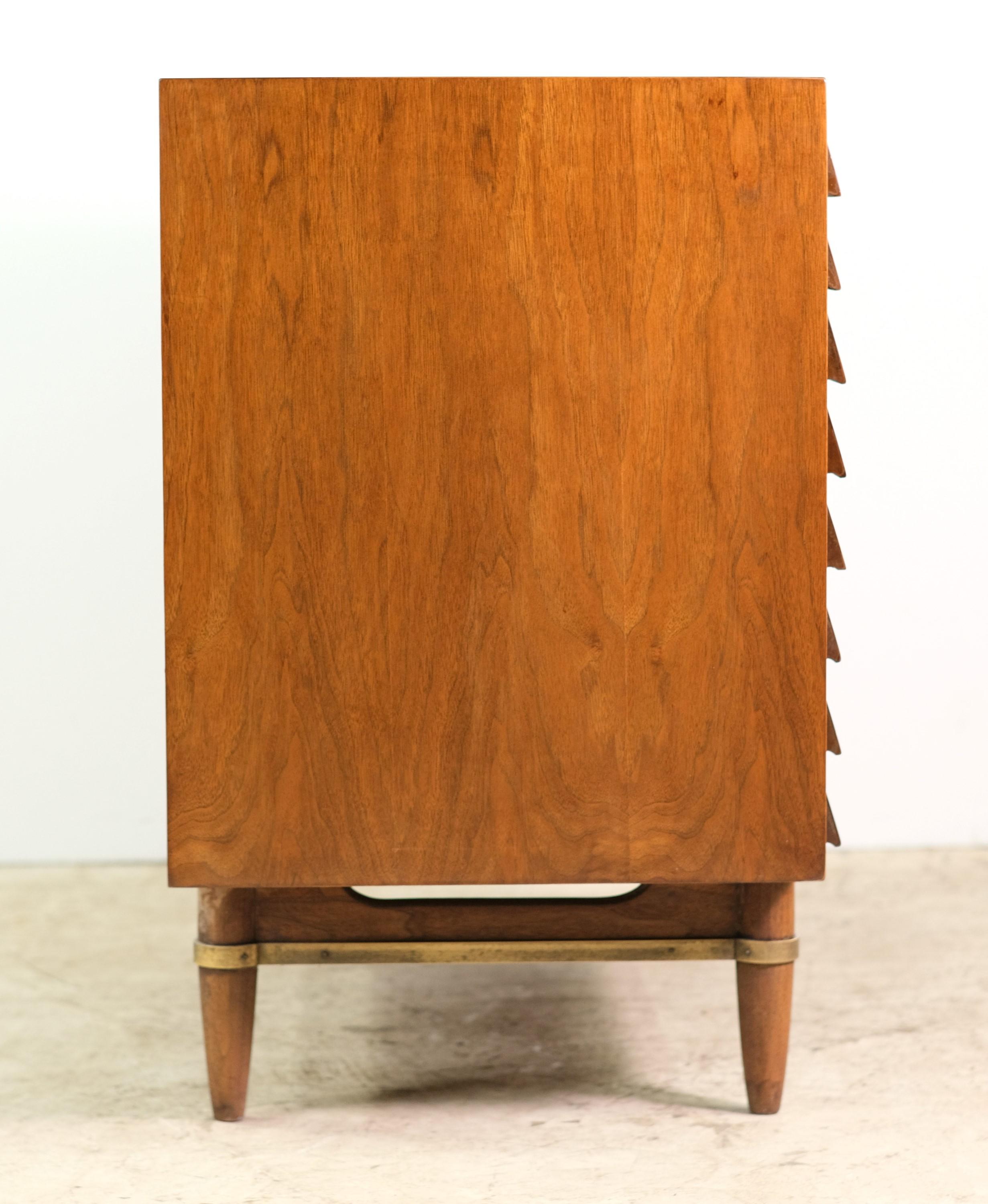 1960s, Walnut 3-Drawer Credenza W/ Louvered Front on Brass Detailed Base 6
