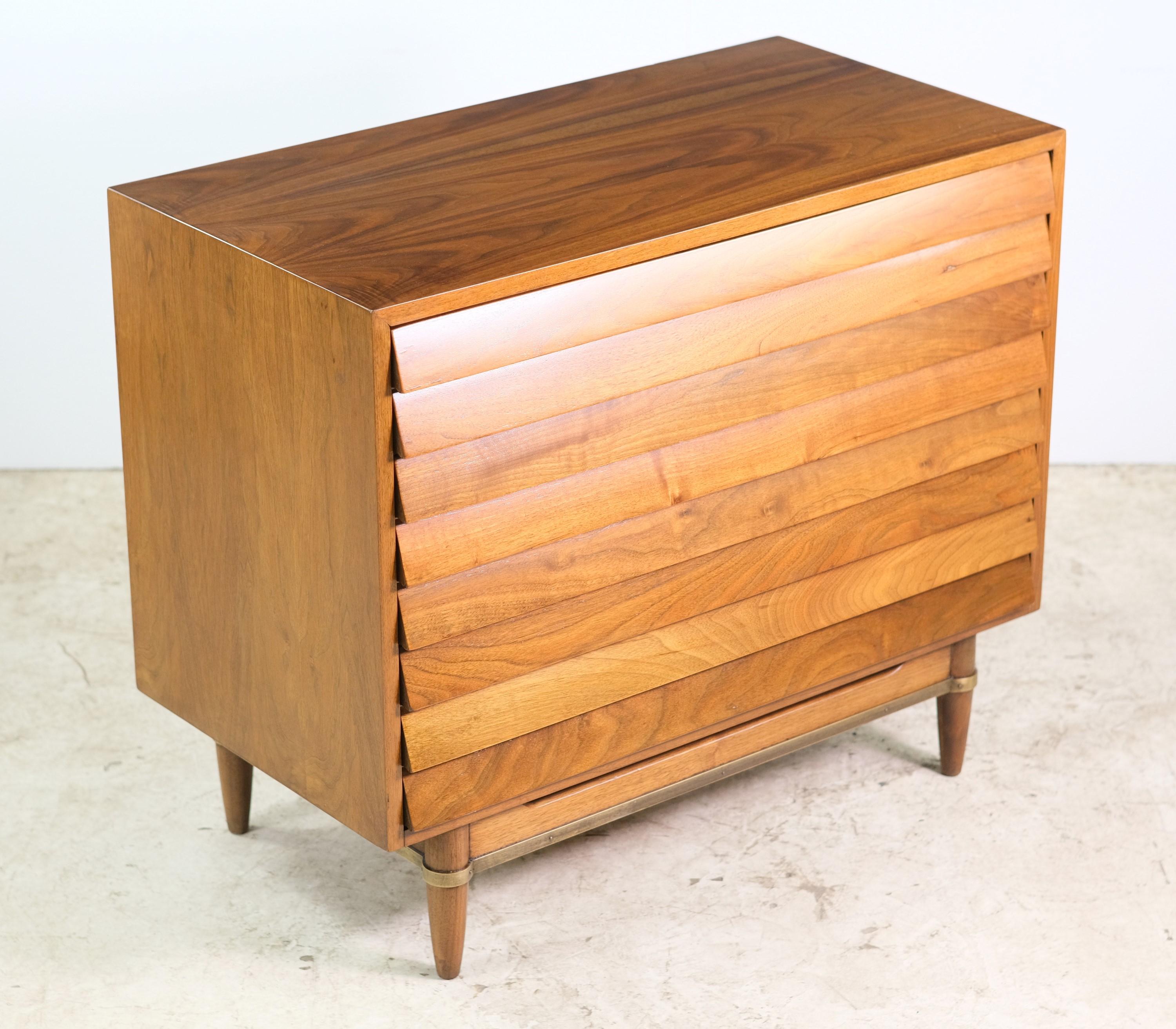 Mid-Century Modern 1960s, Walnut 3-Drawer Credenza W/ Louvered Front on Brass Detailed Base