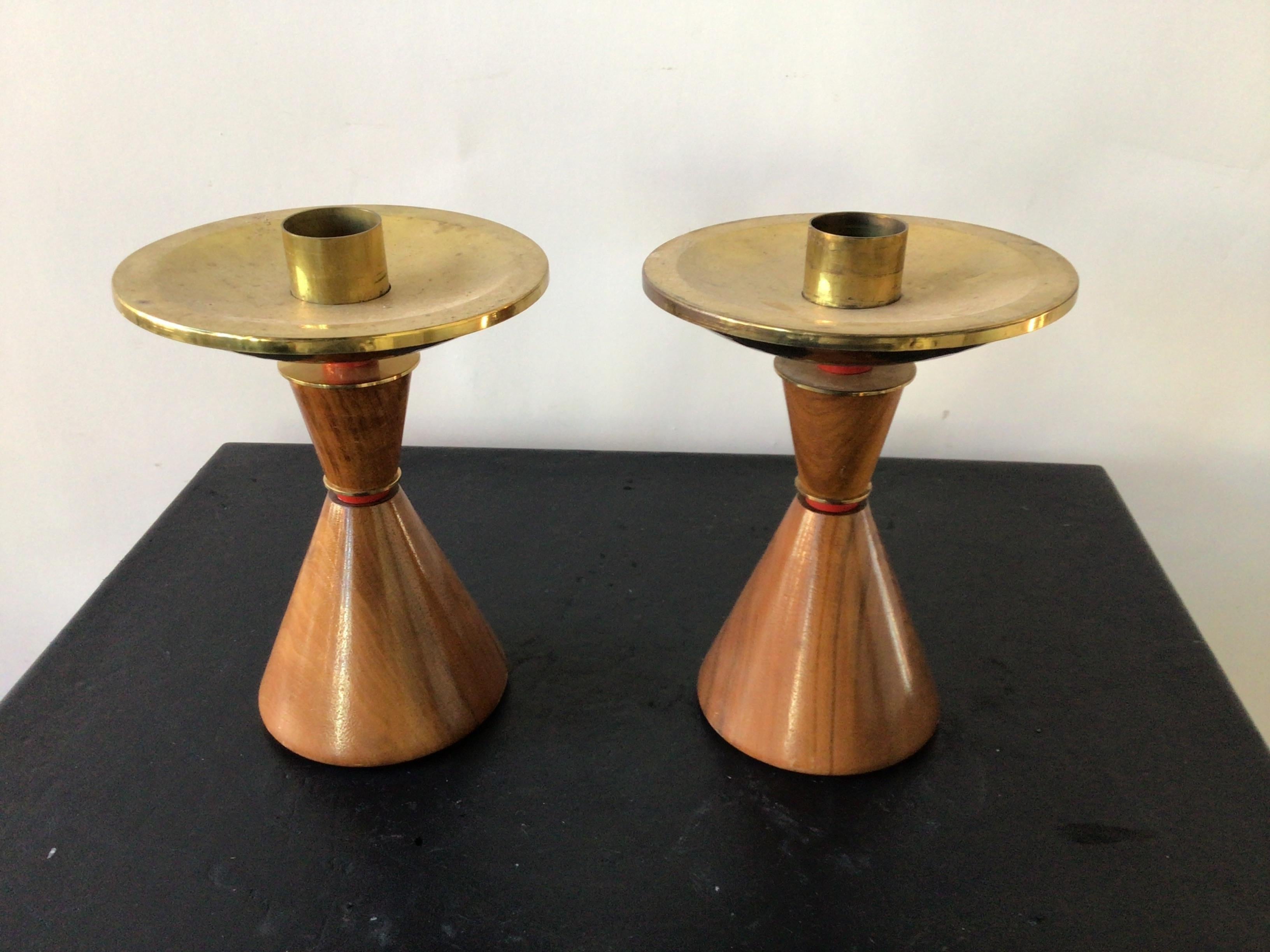 1960s Walnut and Brass Candlesticks In Good Condition For Sale In Tarrytown, NY