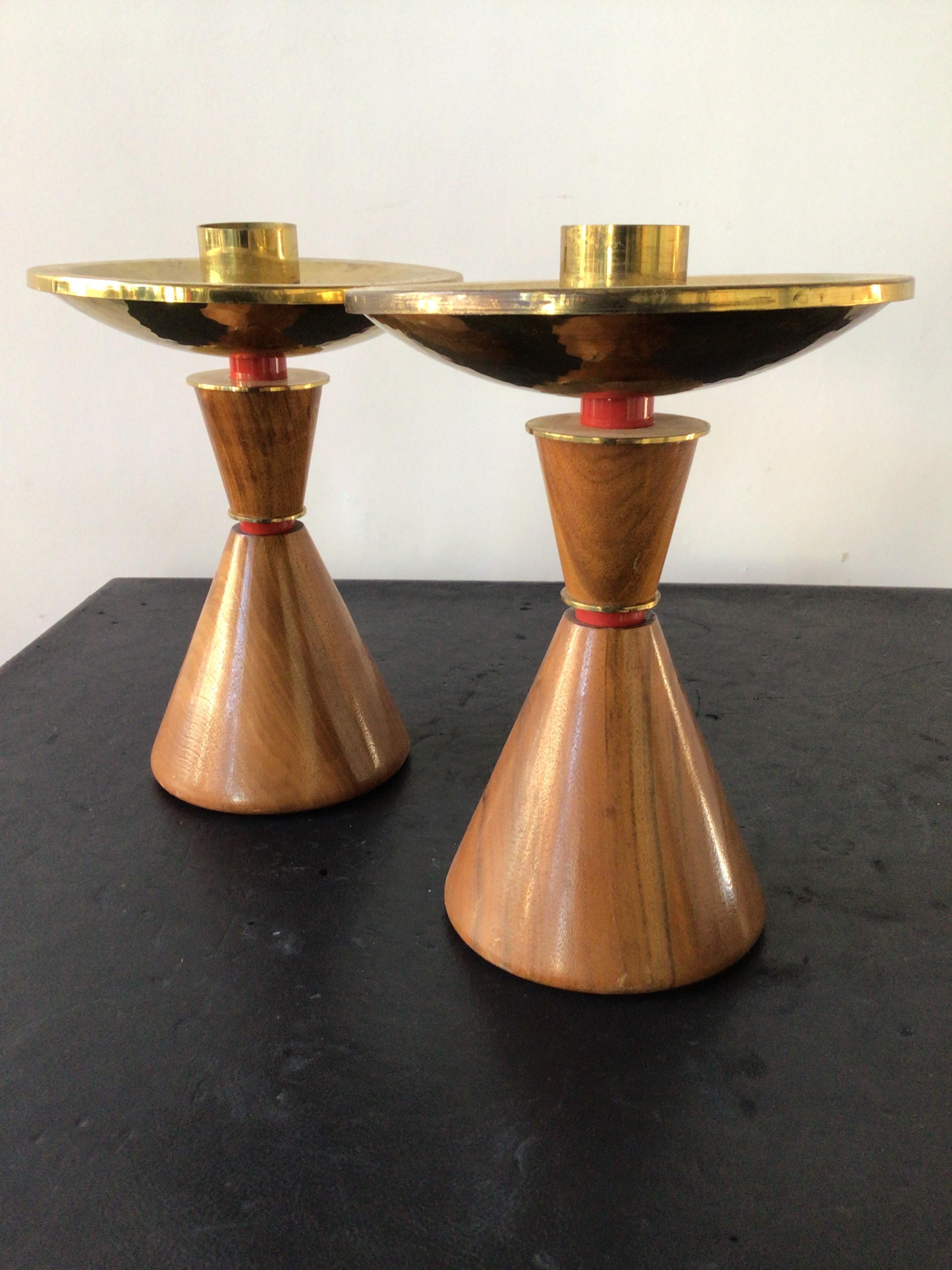 Mid-20th Century 1960s Walnut and Brass Candlesticks For Sale