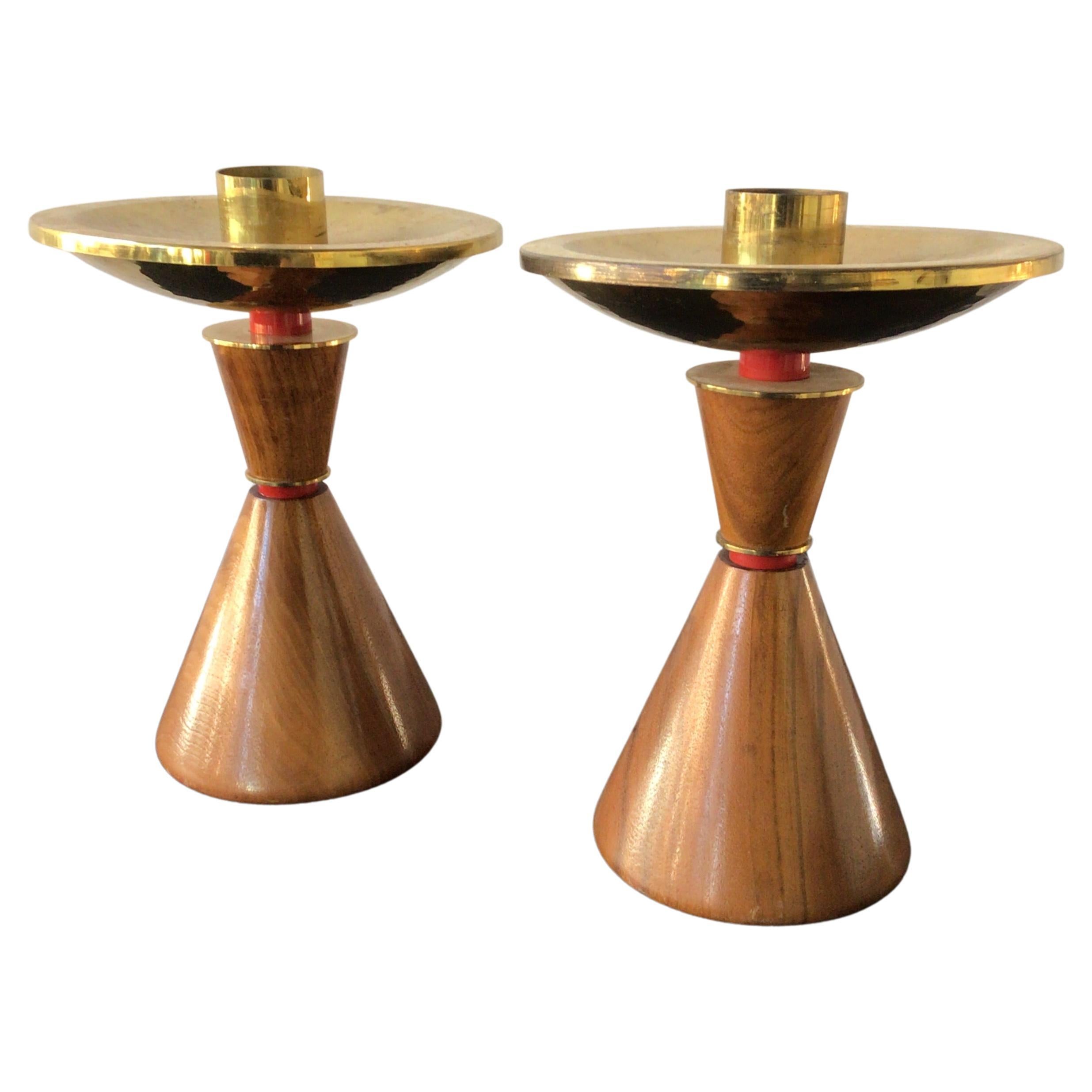 1960s Walnut and Brass Candlesticks For Sale