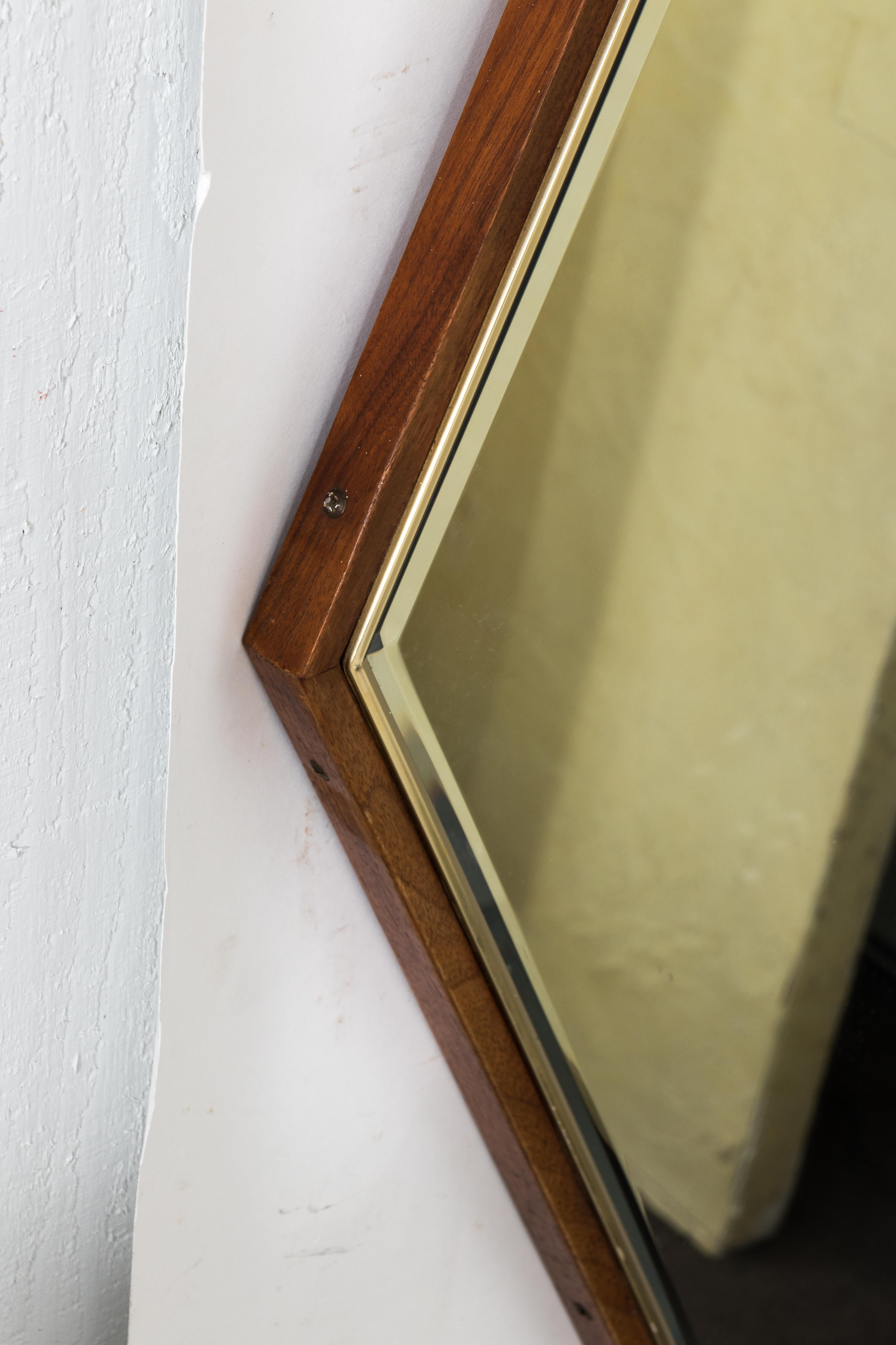 Mid-Century Modern 1960s Walnut and Brass Framed Bevelled Mirror