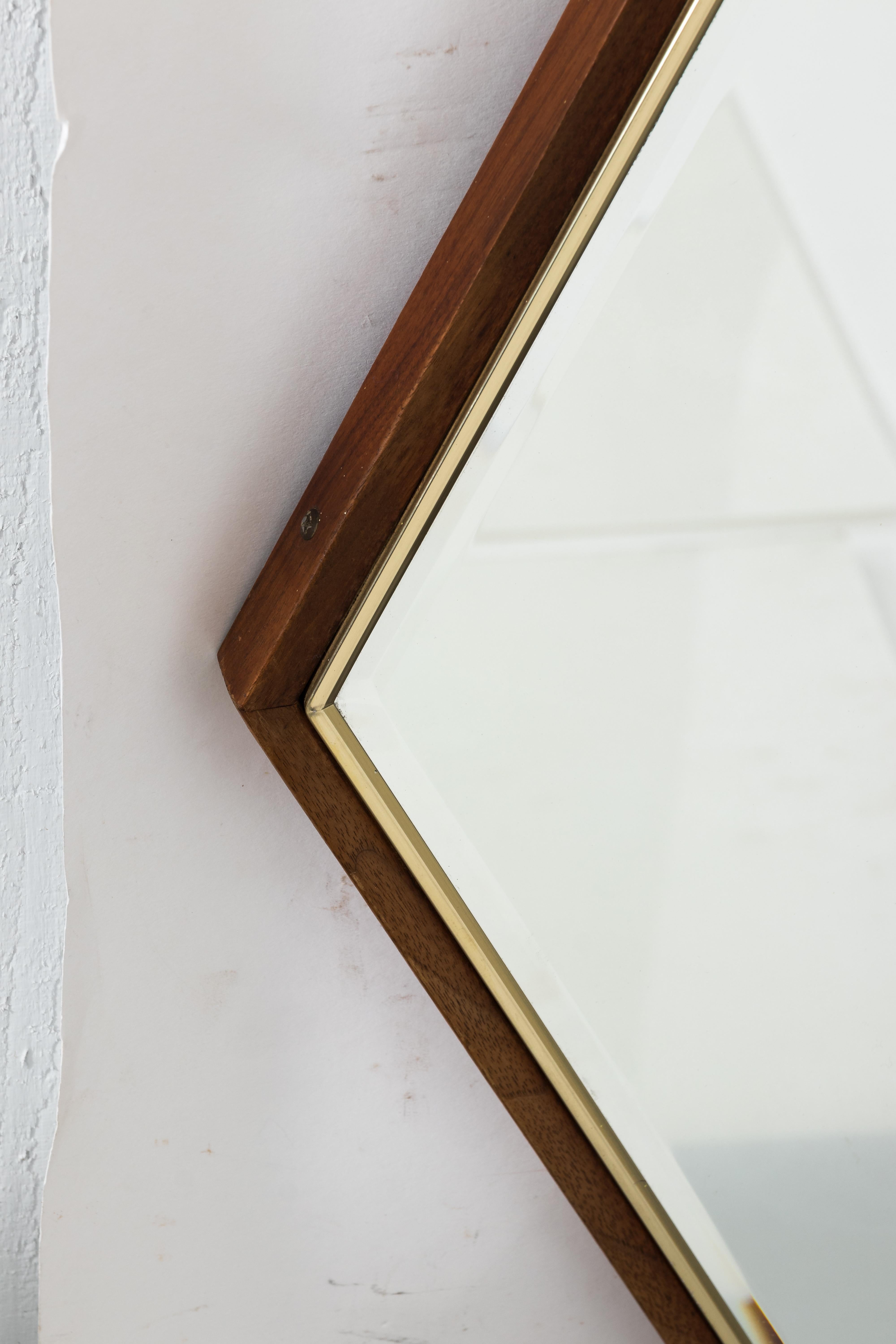 Mid-20th Century 1960s Walnut and Brass Framed Bevelled Mirror