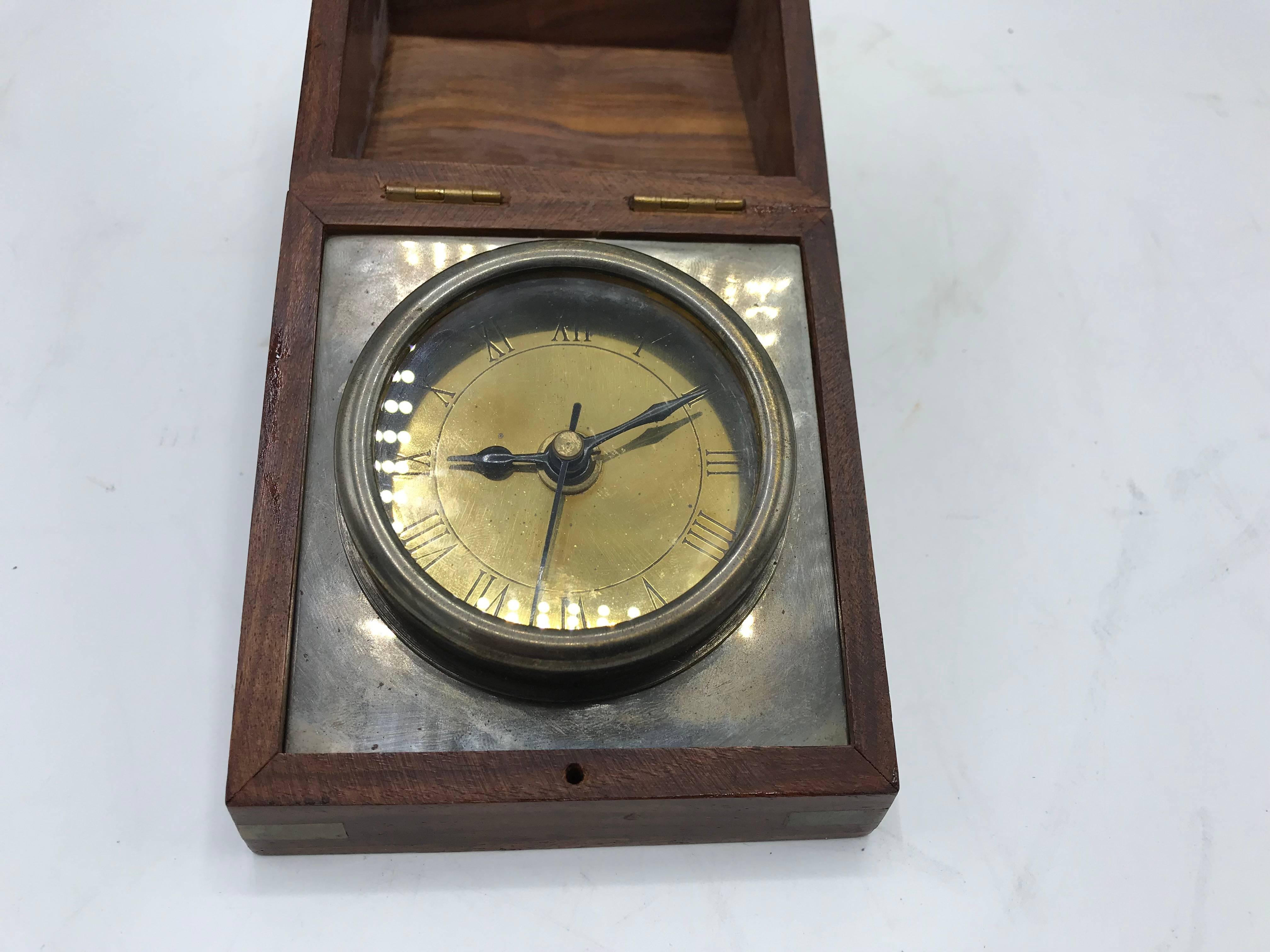 1960s Walnut and Brass Inlay Box Desk Clock For Sale 5