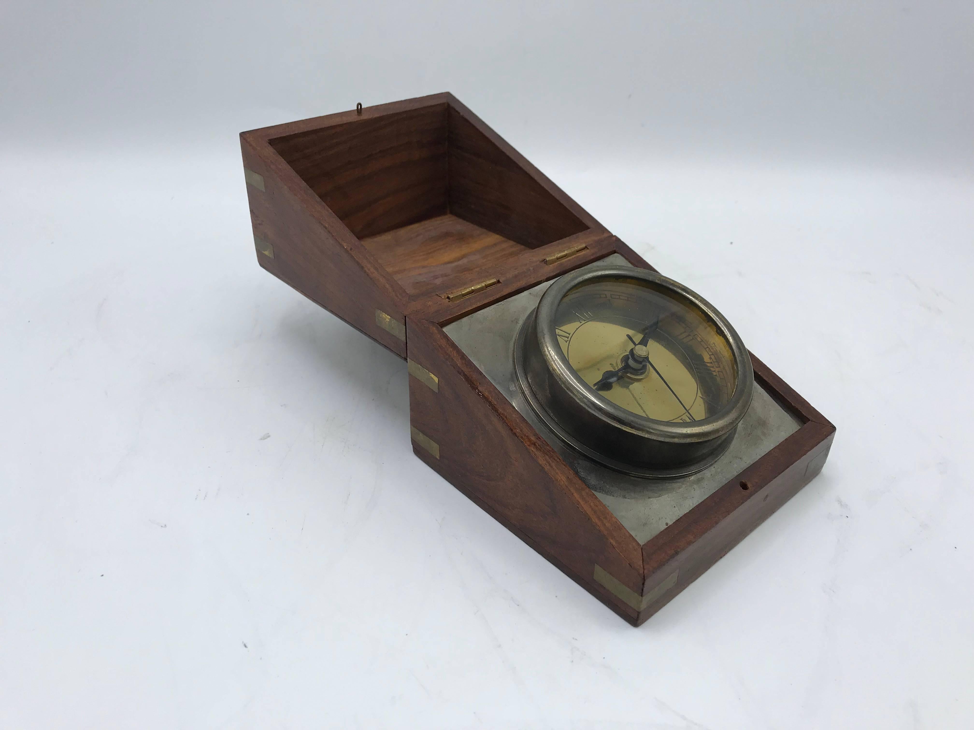 1960s Walnut and Brass Inlay Box Desk Clock For Sale 3