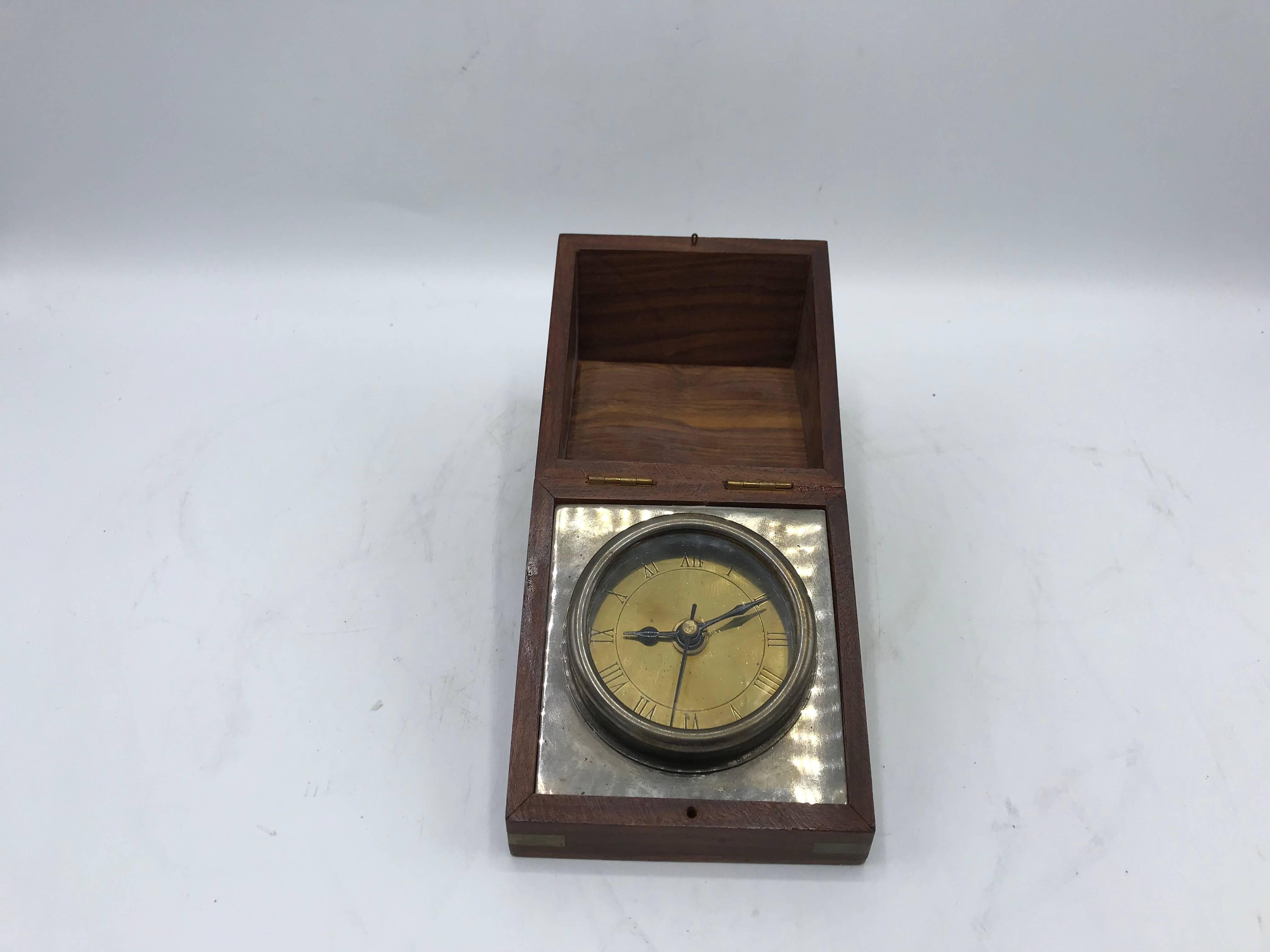 1960s Walnut and Brass Inlay Box Desk Clock For Sale 4