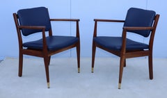 1960's Walnut Armchairs With Blue Leather Upholstery