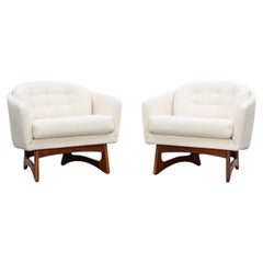 1960s Walnut Base, White Upholstery Pair of Lounge Chairs by Adrian Pearsall