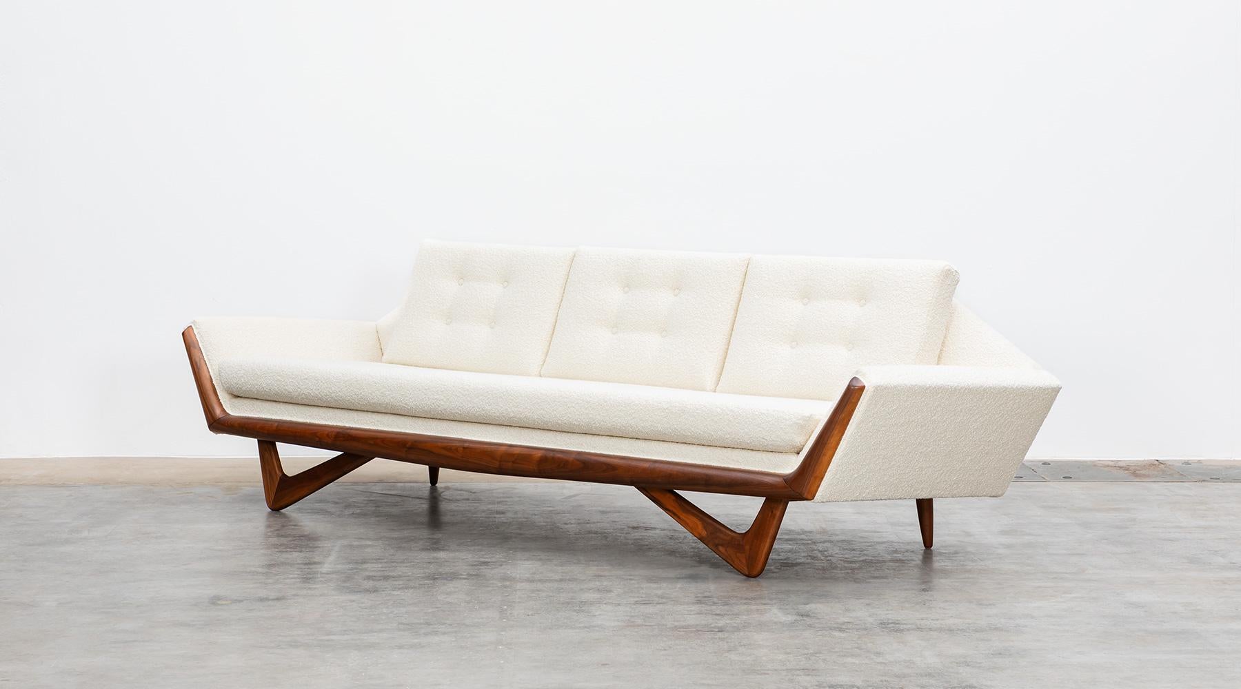 Mid-Century Modern 1960s Walnut Base, White Upholstery Sofa by Adrian Pearsall 'B' For Sale