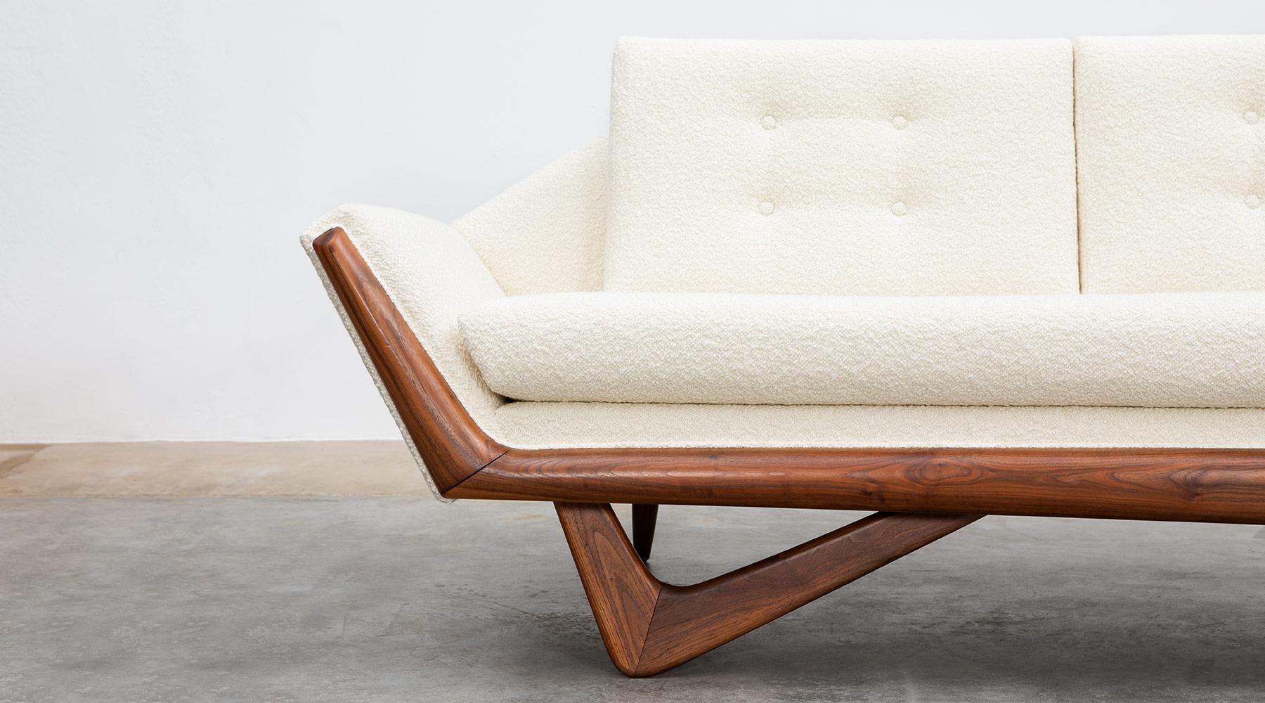 Fabric 1960s Walnut Base, White Upholstery Sofa by Adrian Pearsall 'B' For Sale