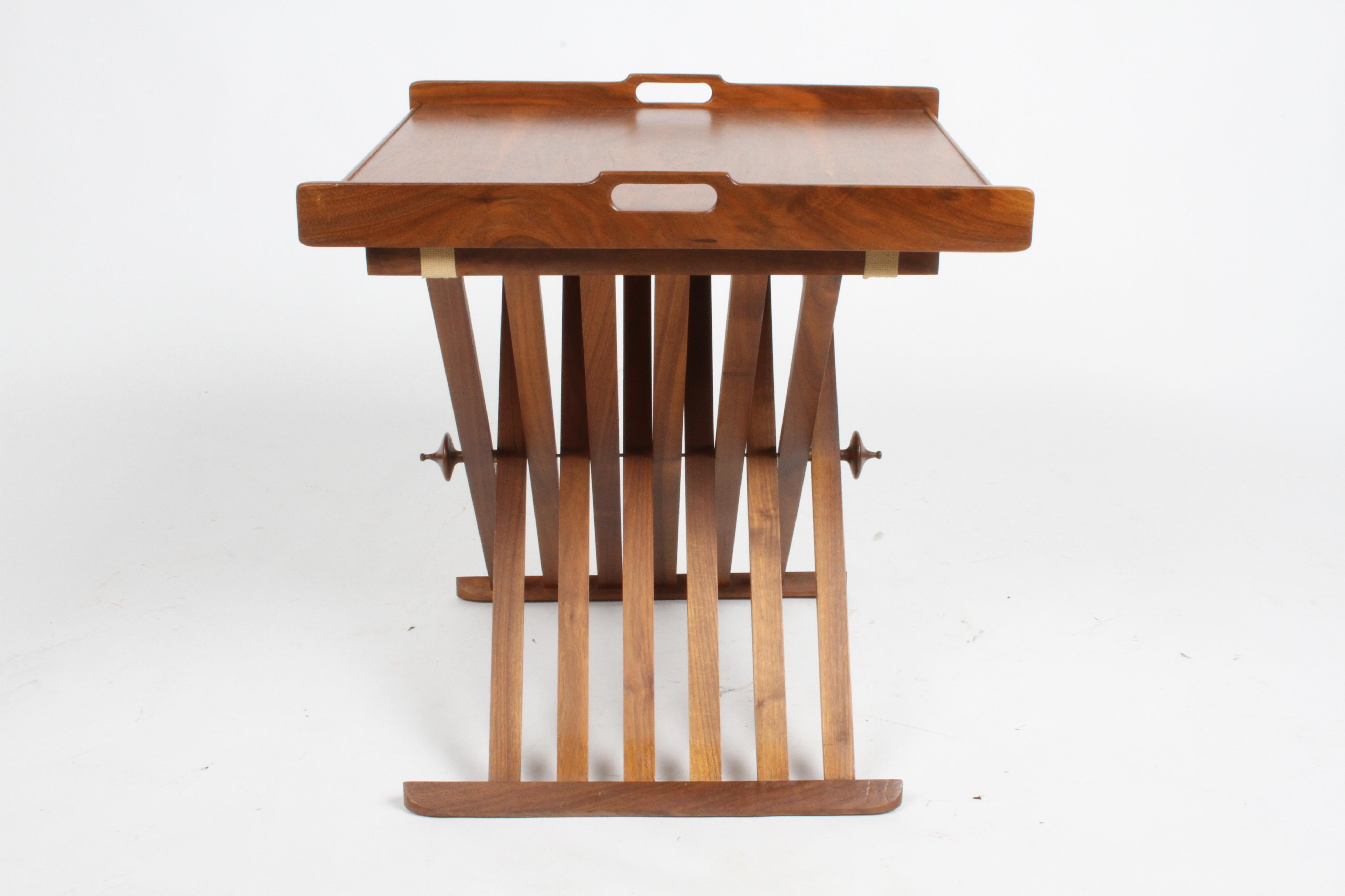 Canvas 1960s Walnut Campaign Tray Table by Kipp Stewart & Stewart McDougall for Drexel  For Sale