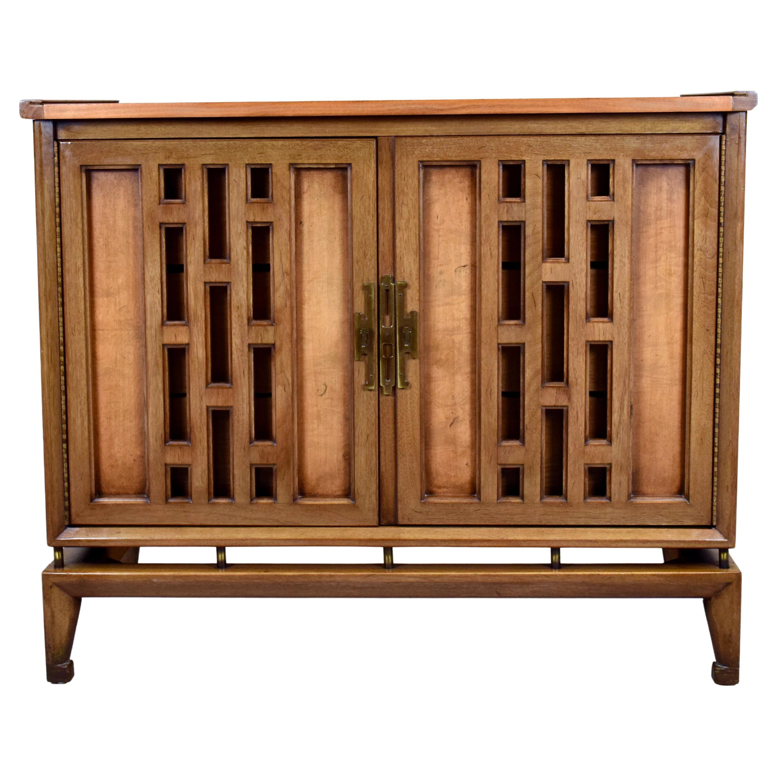 1960's Walnut Floating Commode Sideboard With Open Fretwork Doors For Sale