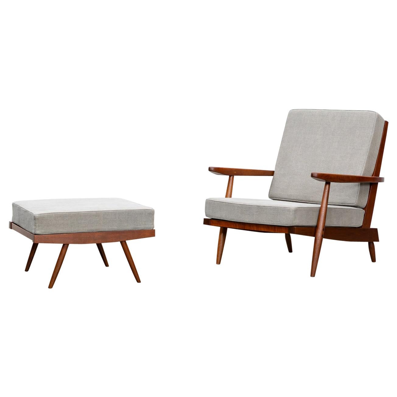 1960s Walnut, Grey Upholstery Armchair with Ottoman by Nakashima
