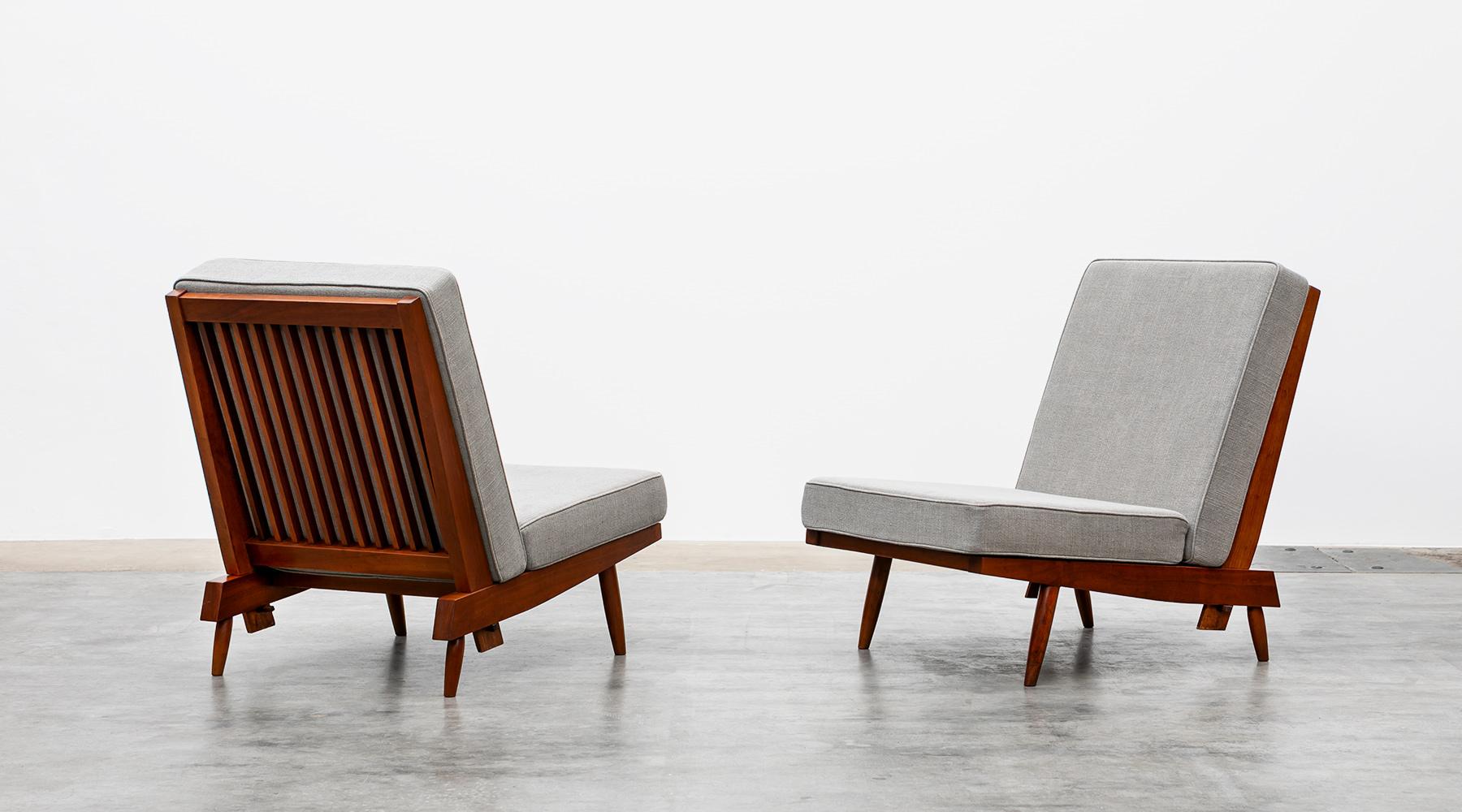 Mid-Century Modern 1960s Walnut, Grey Upholstery Lounge Chairs by George Nakashima 'd' For Sale