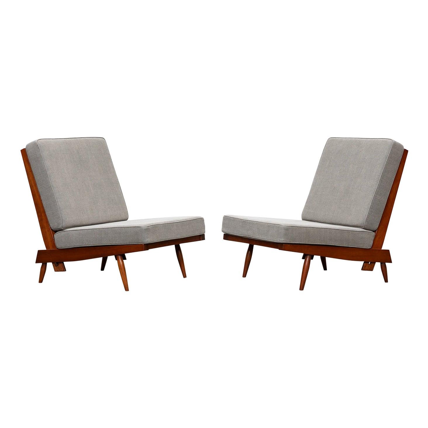 1960s Walnut, Grey Upholstery Lounge Chairs by George Nakashima