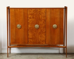 1960s Walnut High Sideboard Cabinet with Sculptural Brass Handles, Italy